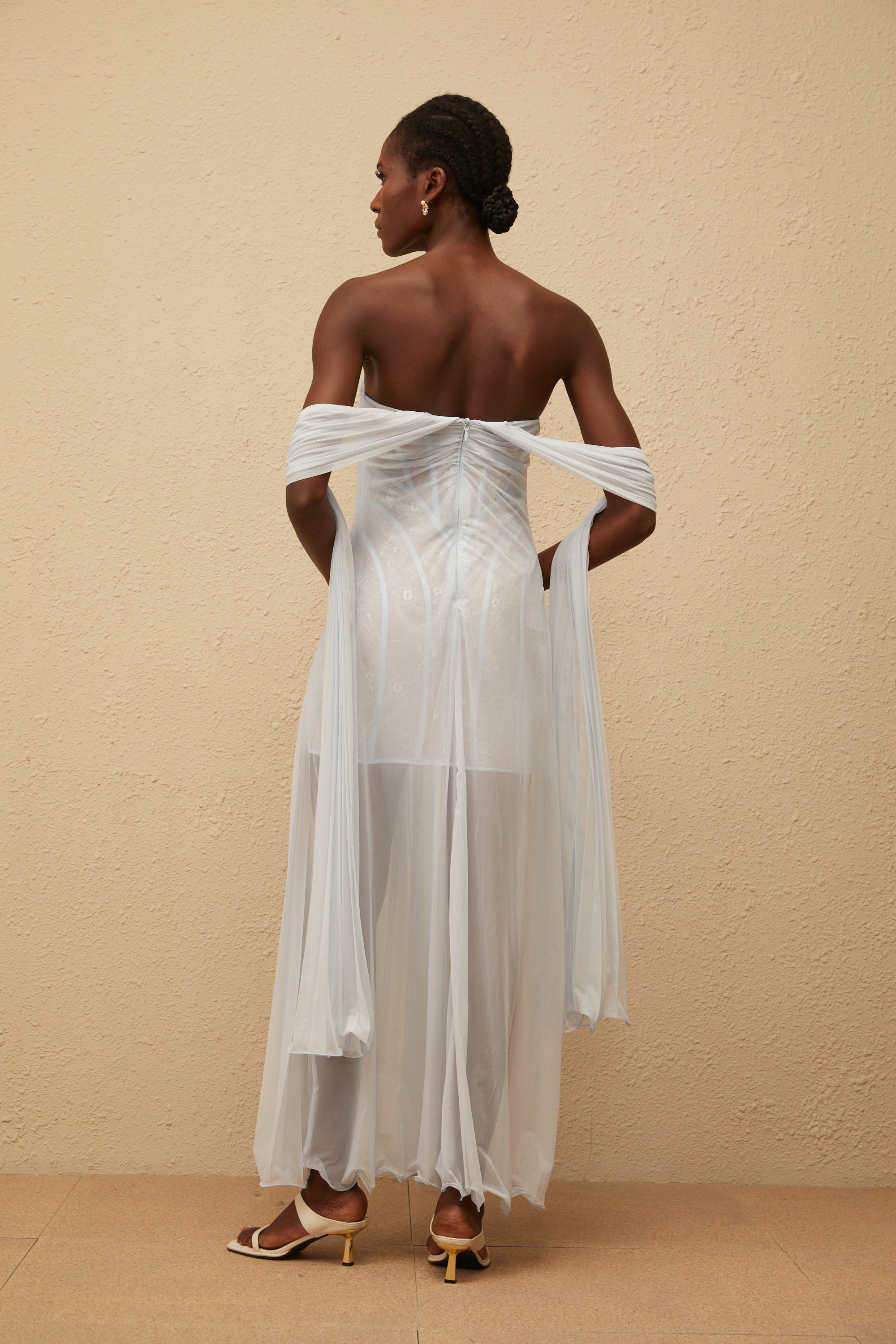 Monique Light Blue Pleated Mesh Maxi Dress
