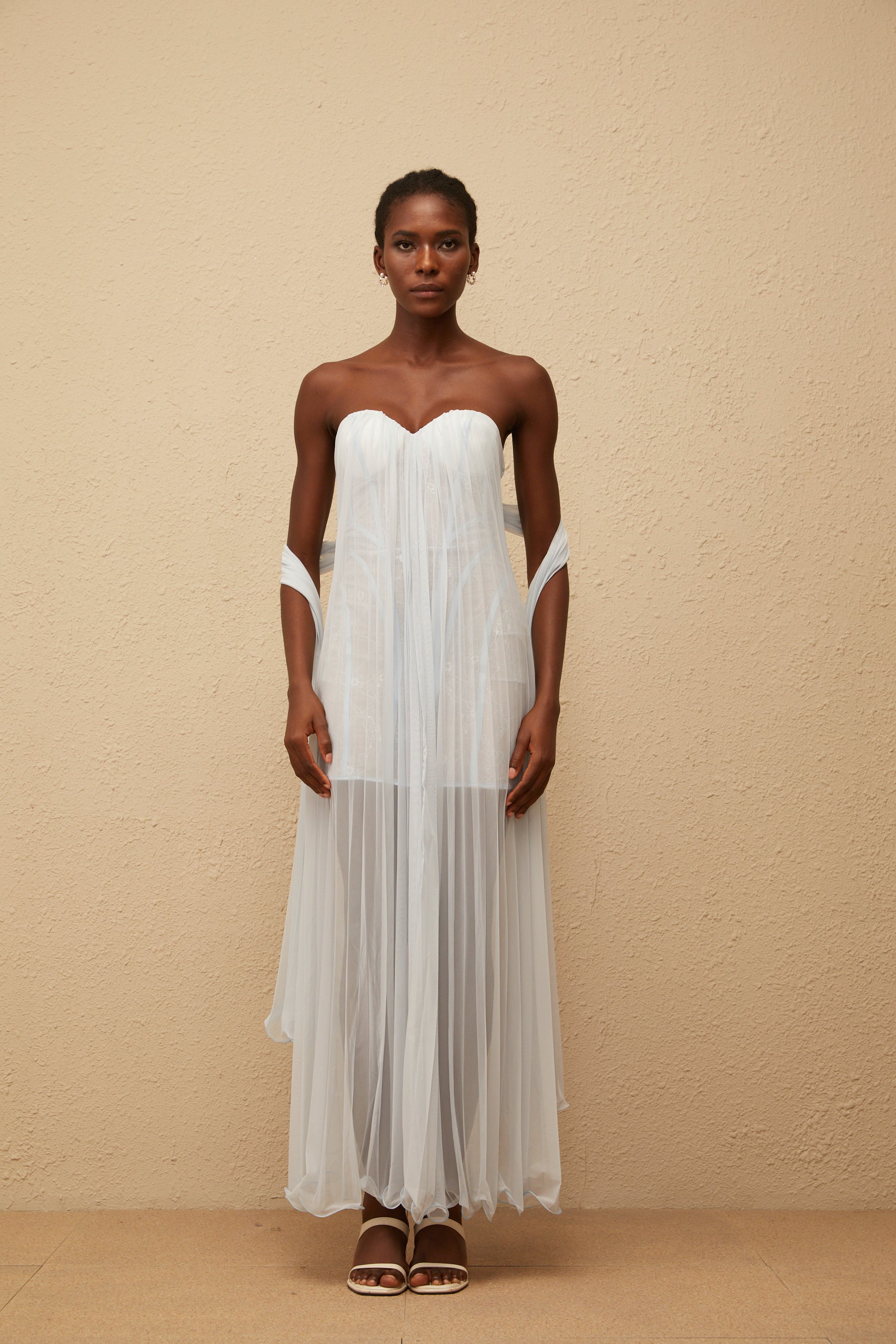 Monique Light Blue Pleated Mesh Maxi Dress