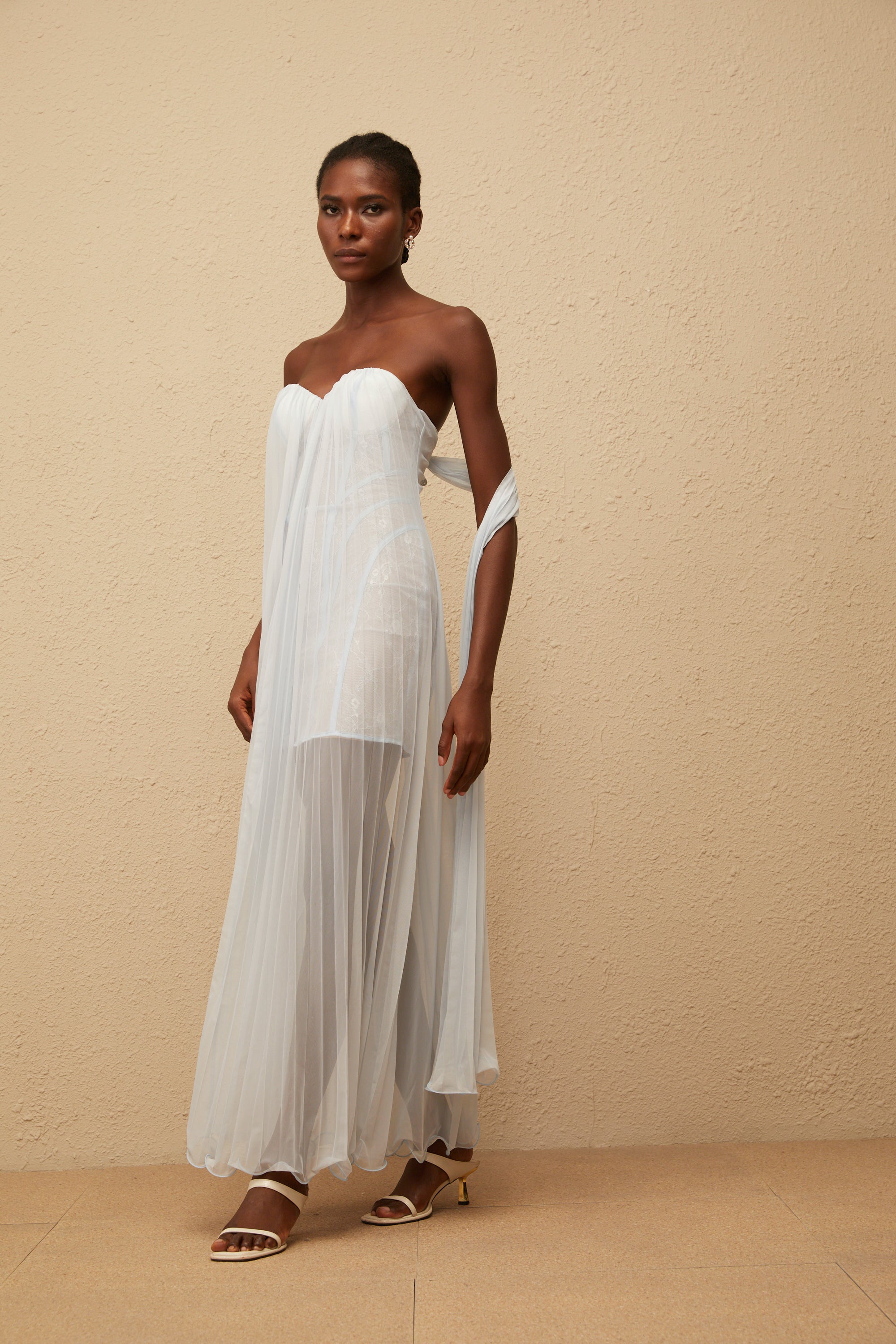 Monique Light Blue Pleated Mesh Maxi Dress