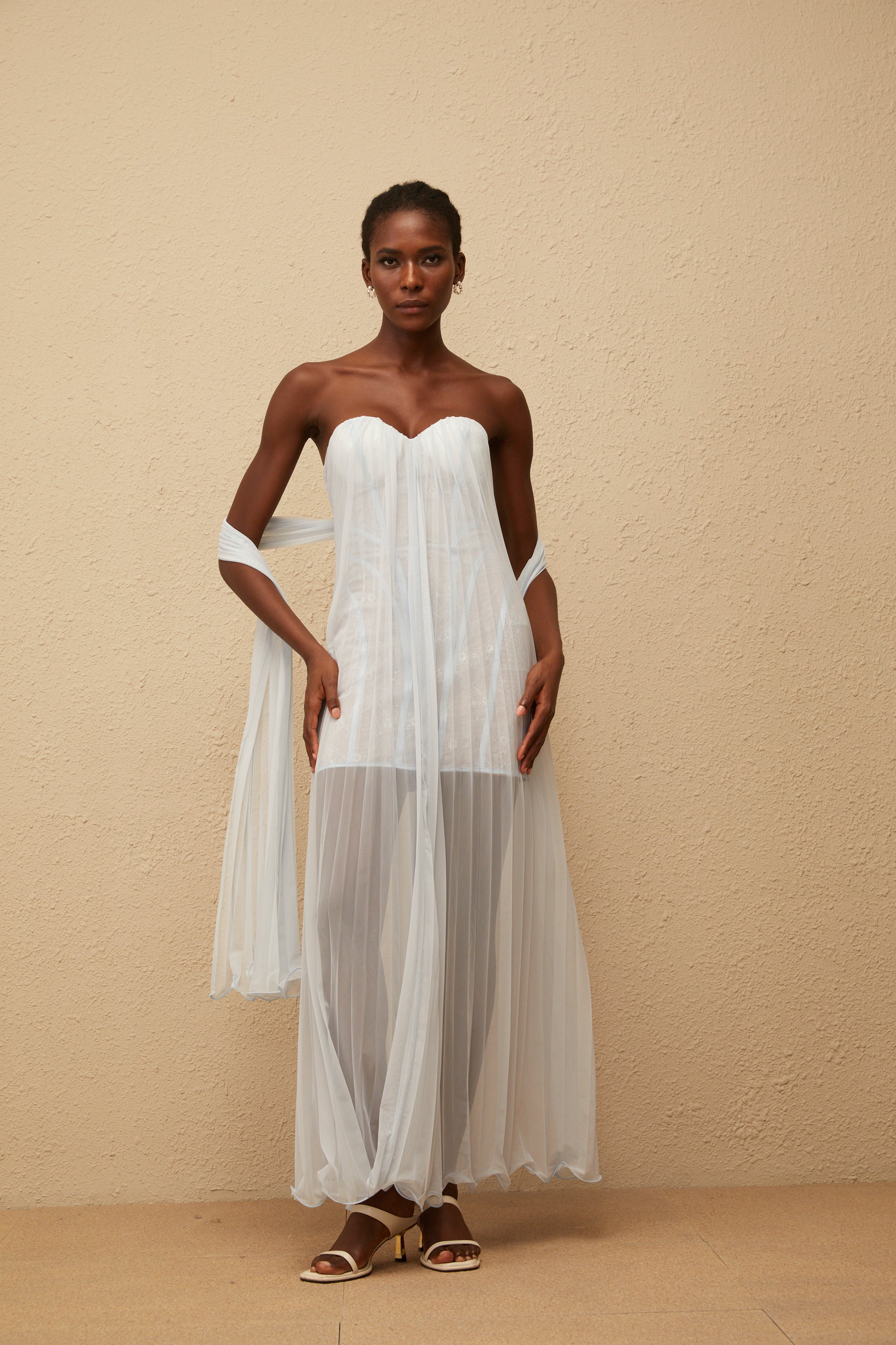 Monique Light Blue Pleated Mesh Maxi Dress