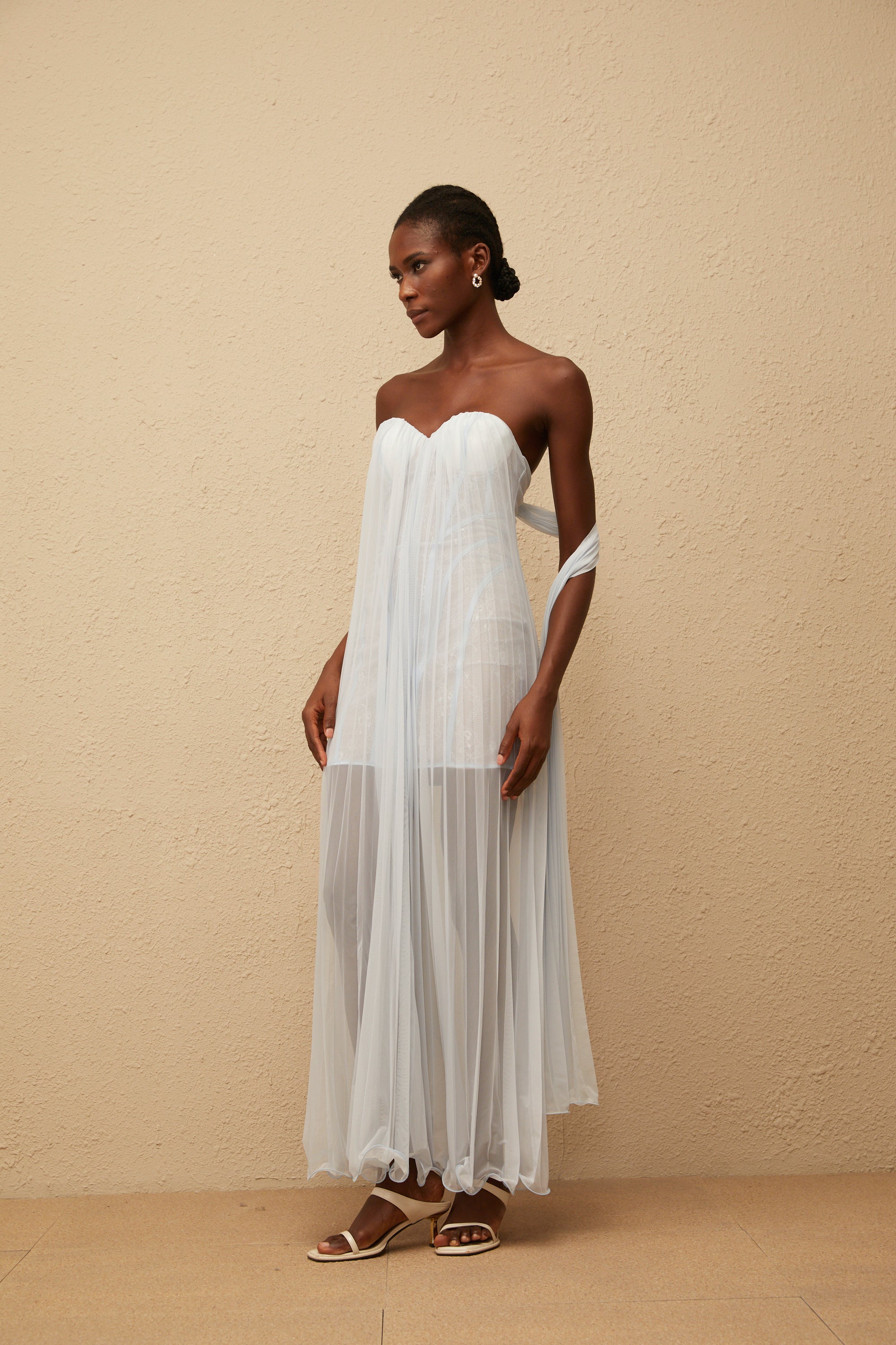 Monique Light Blue Pleated Mesh Maxi Dress