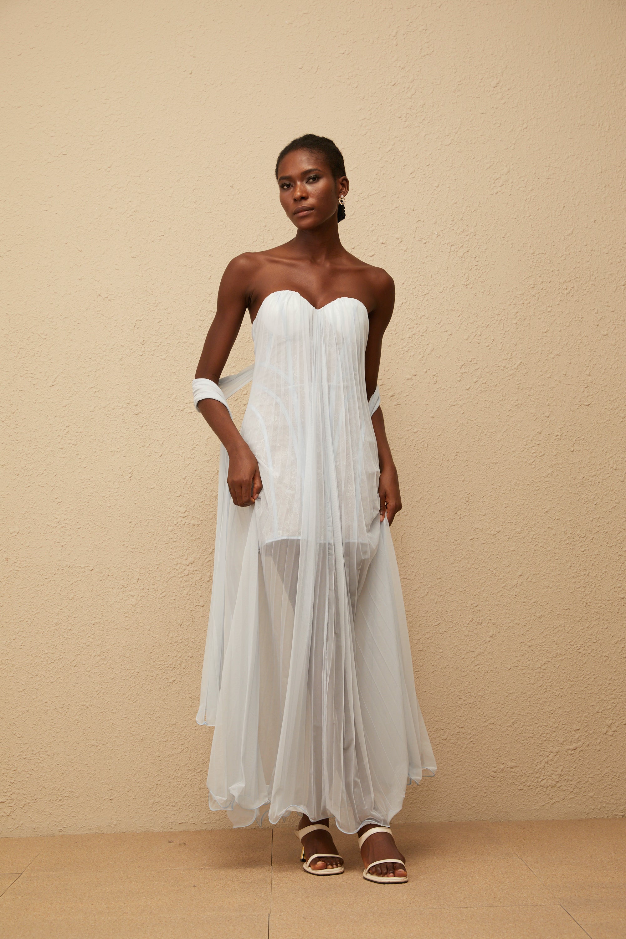 Monique Light Blue Pleated Mesh Maxi Dress