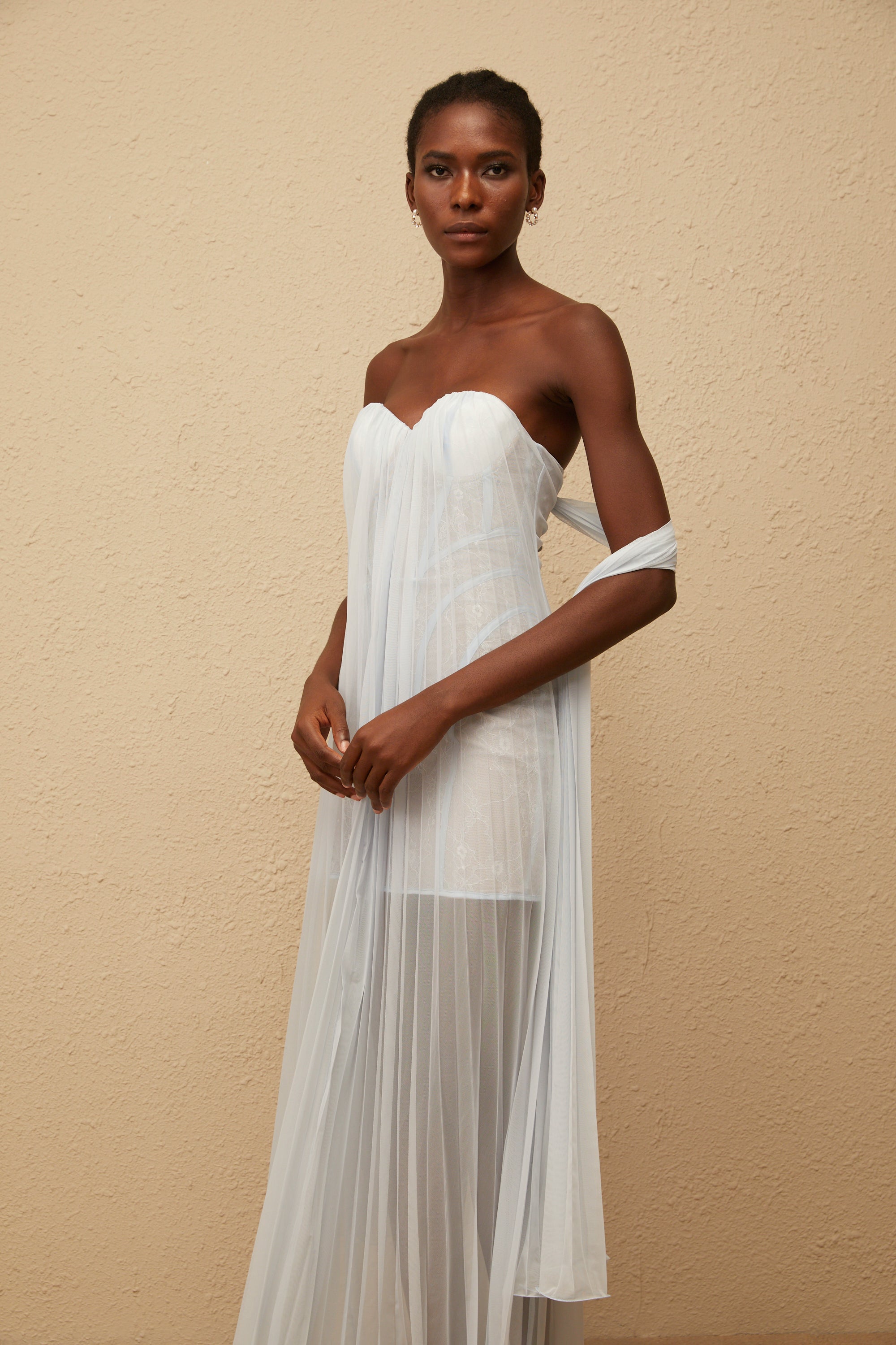 Monique Light Blue Pleated Mesh Maxi Dress