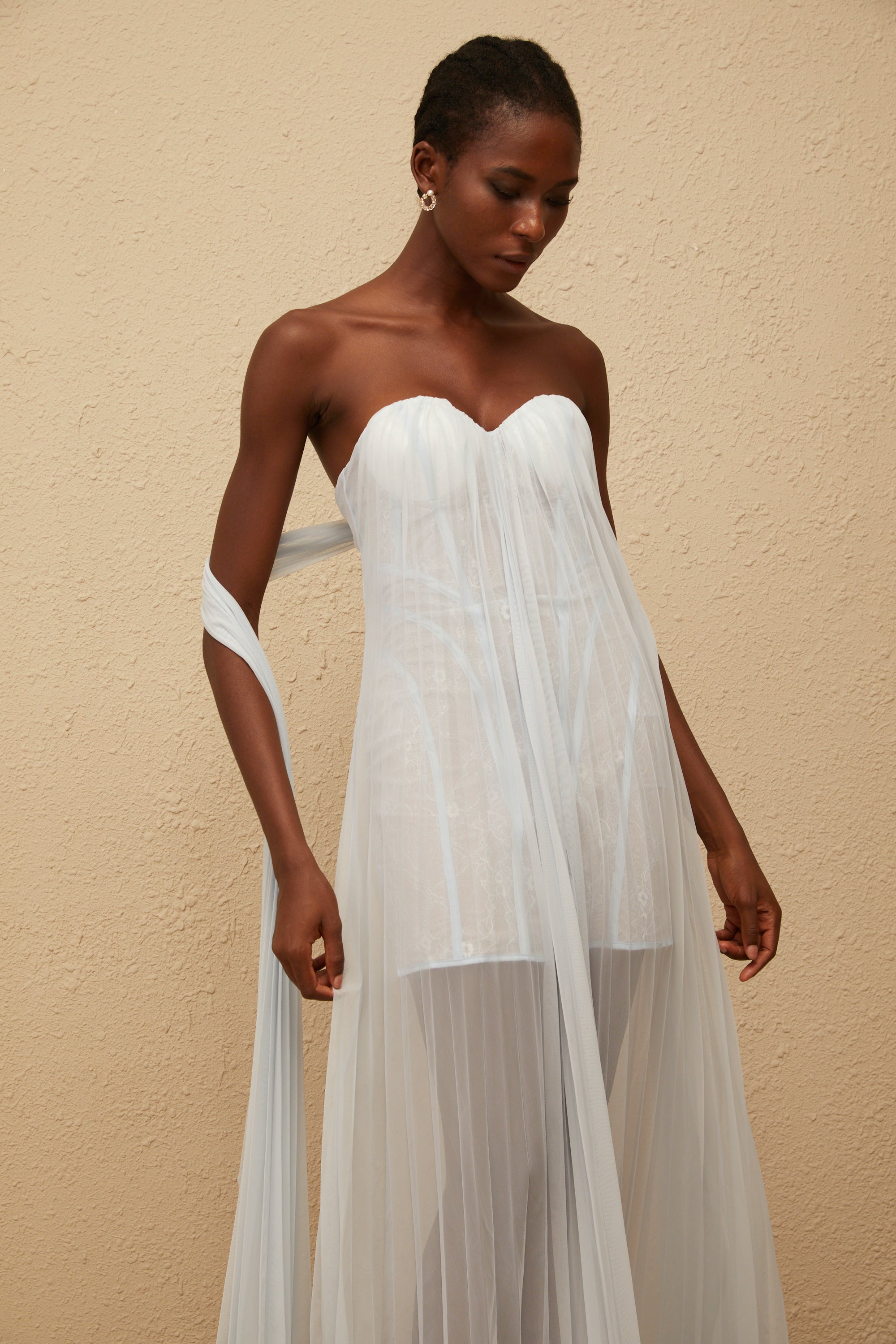 Monique Light Blue Pleated Mesh Maxi Dress