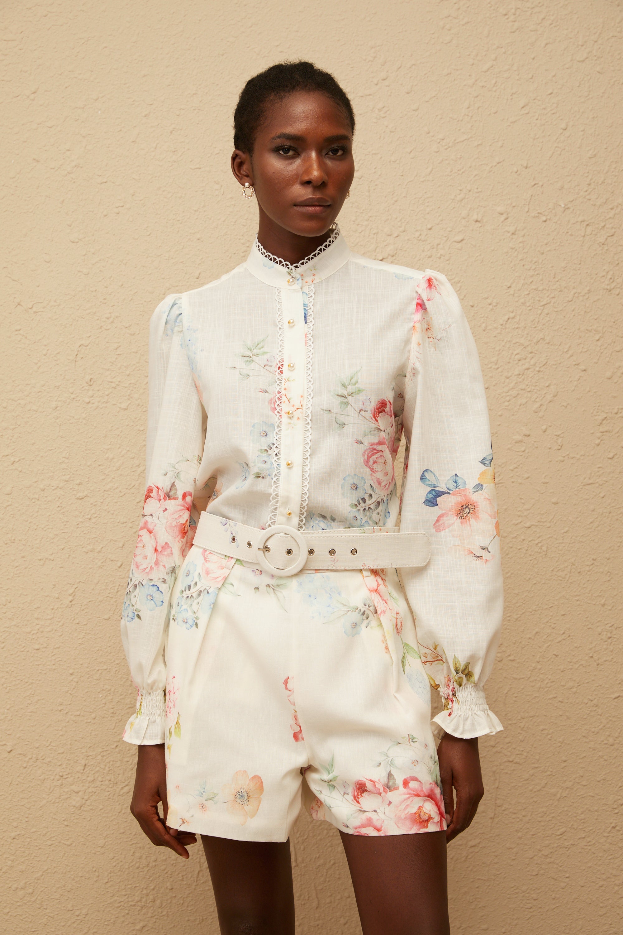 Ambre White Floral Print Shirt & Shorts Set