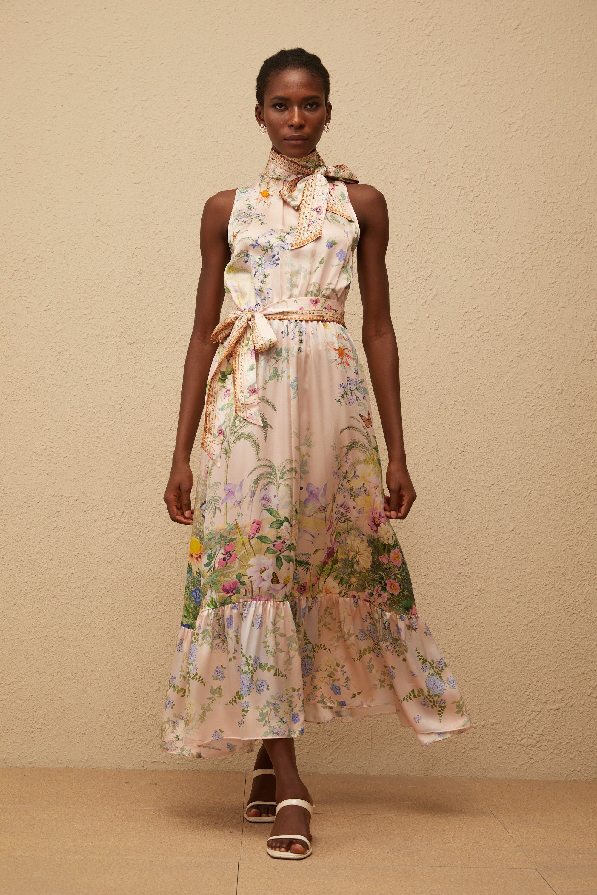 Madeleine Neutral Floral Print Satin Maxi Dress (Final Sale)