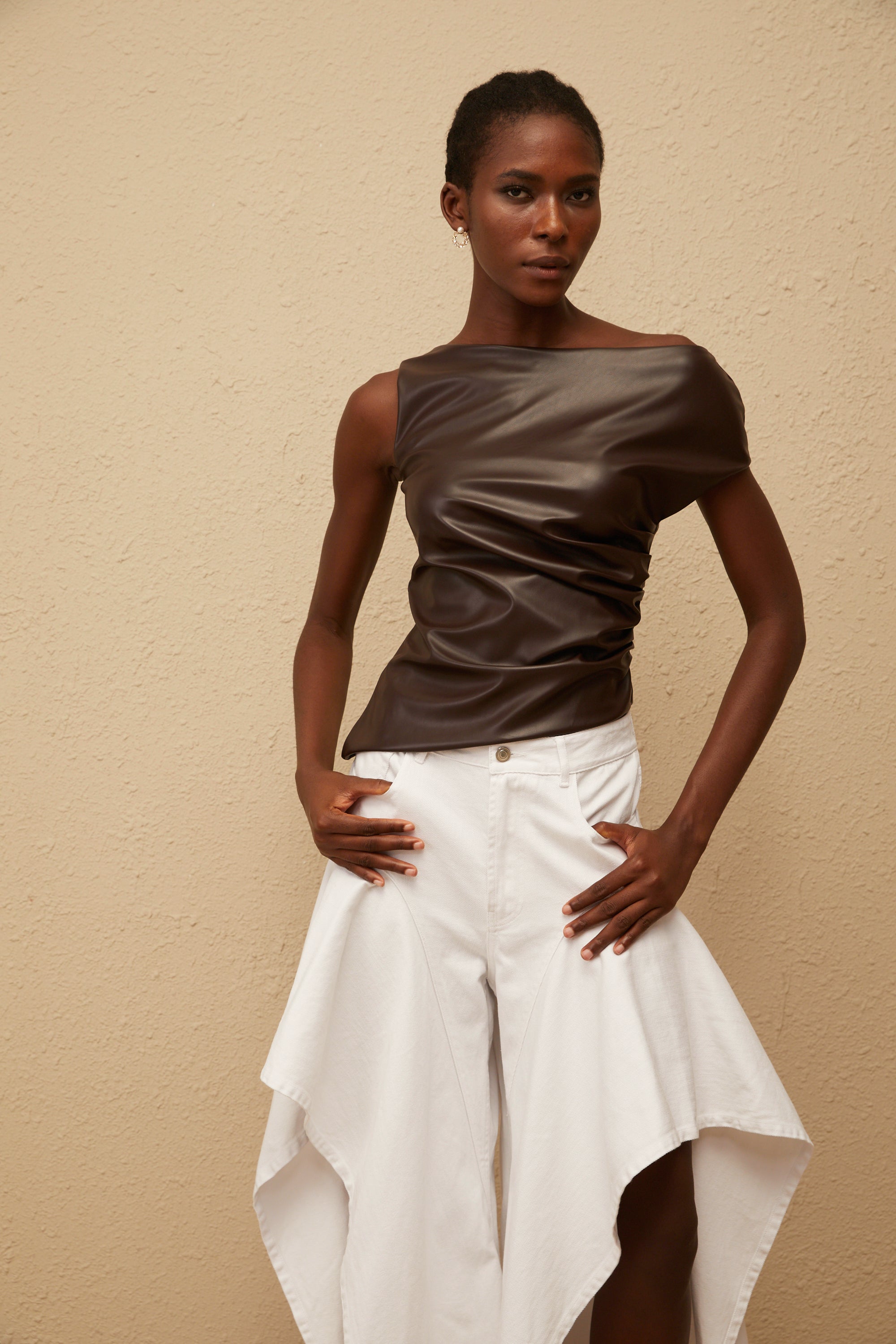 Nadja Brown Asymmetrical Leather Top