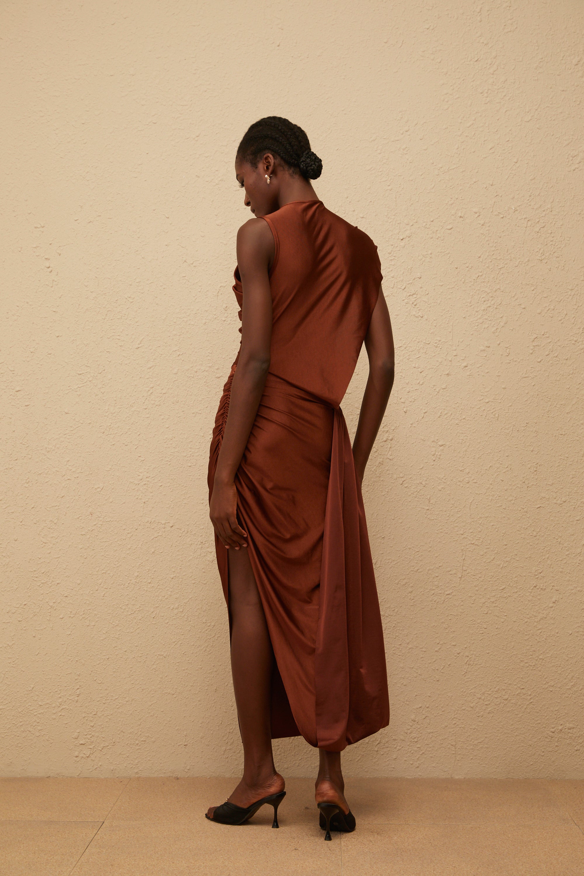 Reine Brown Asymmetrical Ruched Maxi Dress