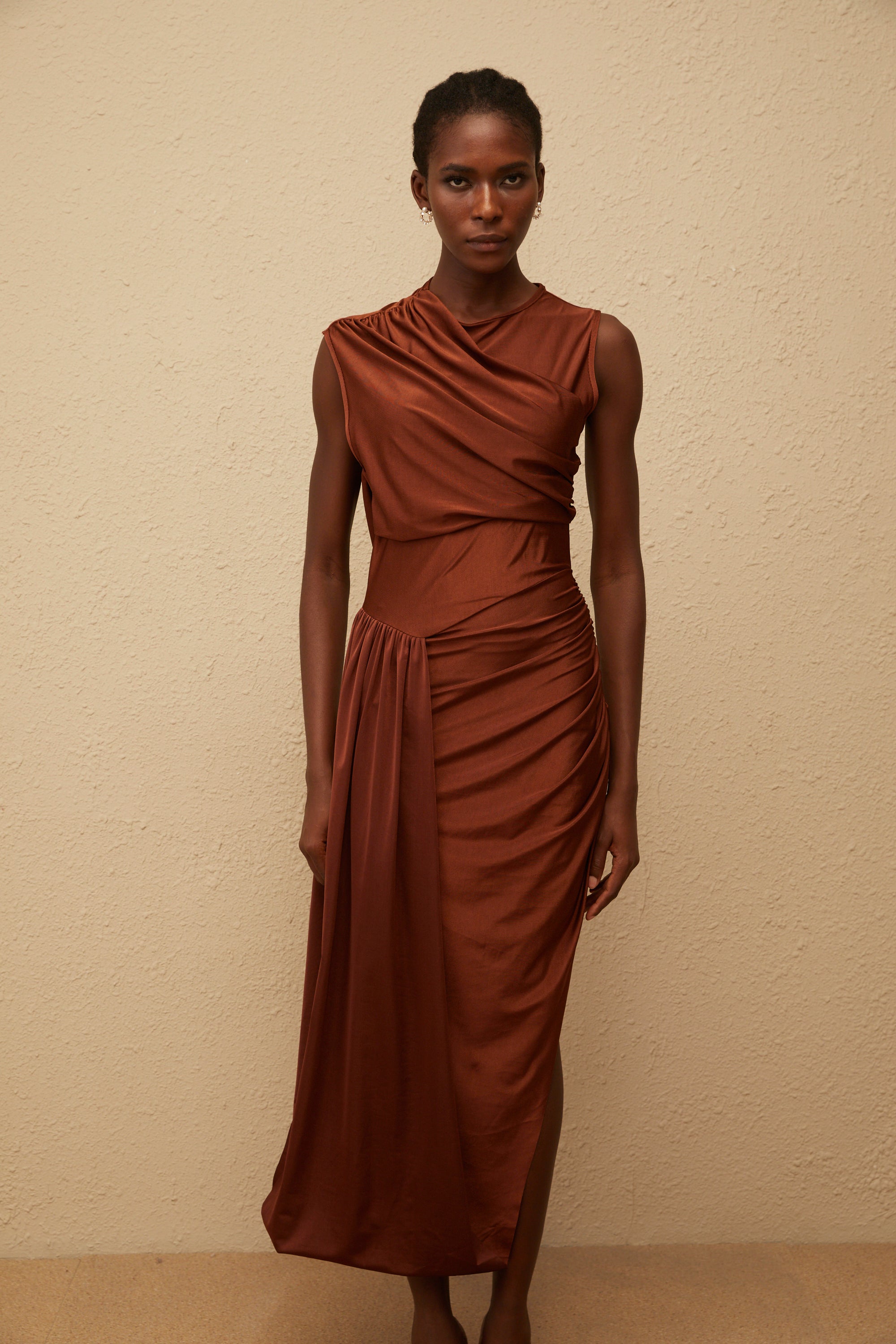 Reine Brown Asymmetrical Ruched Maxi Dress (Final Sale-US Only)