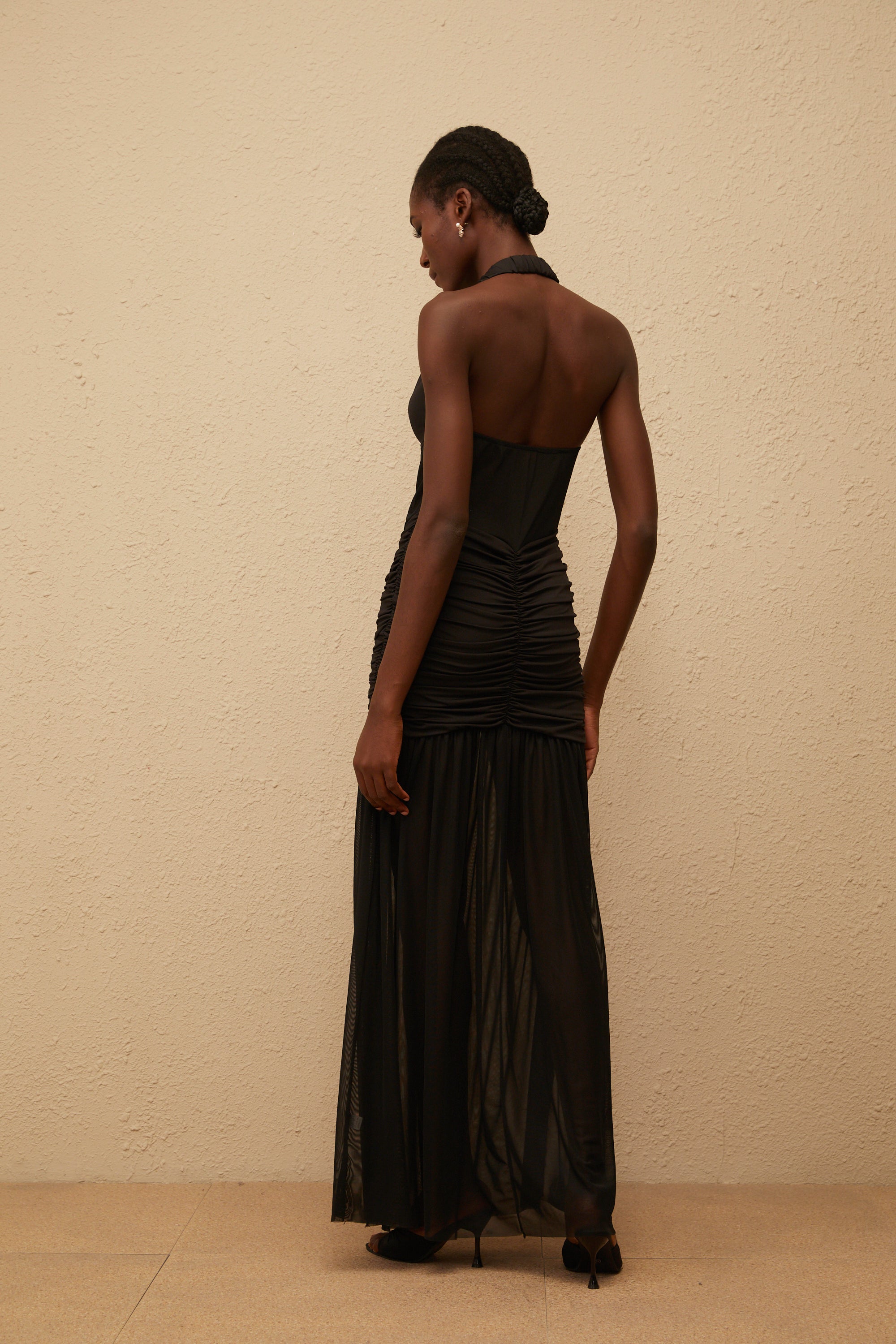Léana Black Mesh Panel Ruched Maxi Dress
