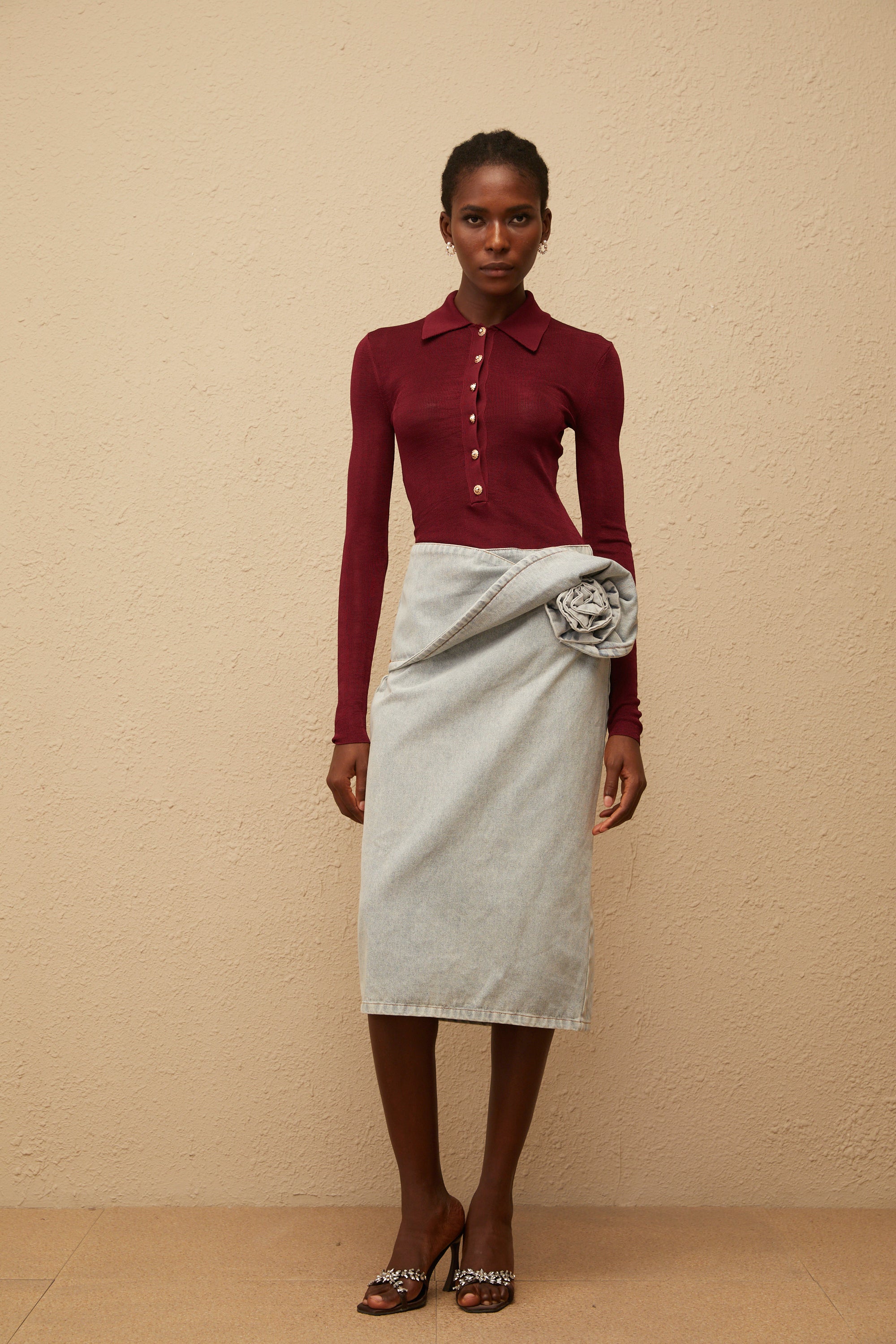 Zélie Blue Floral Appliqué Denim Midi Skirt