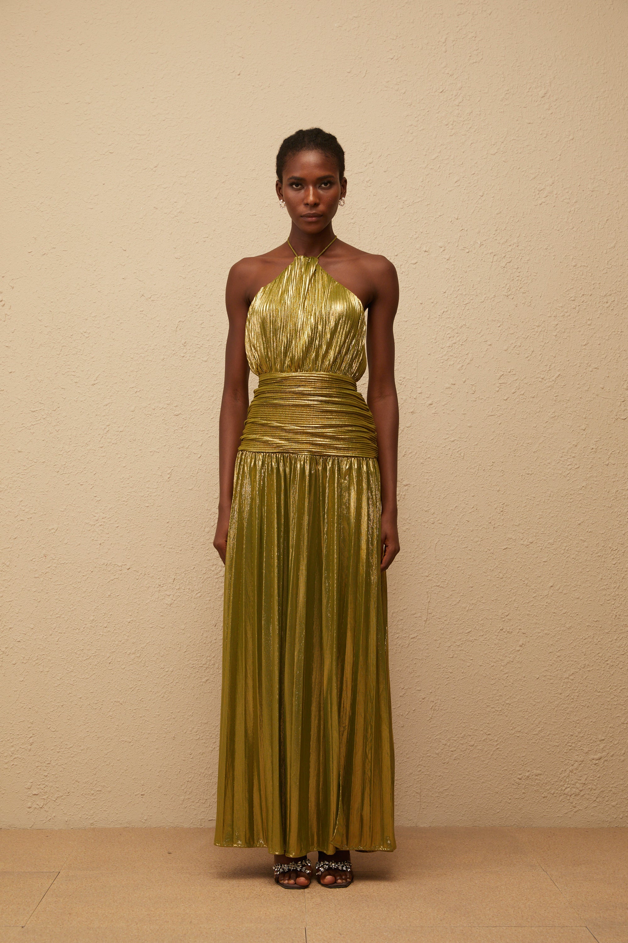 Alchimie Green Glossy Pleated Maxi Dress