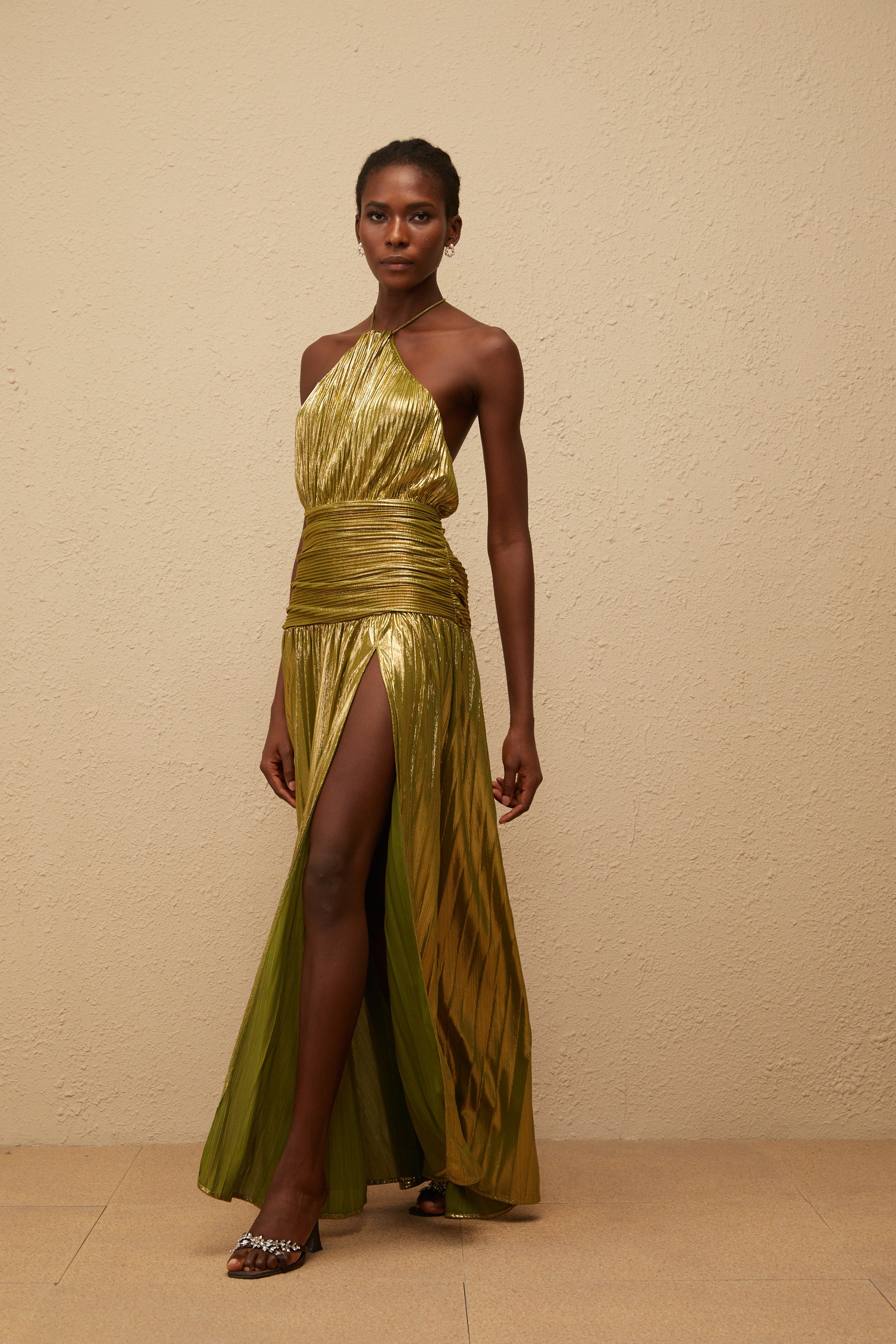 Alchimie Green Glossy Pleated Maxi Dress