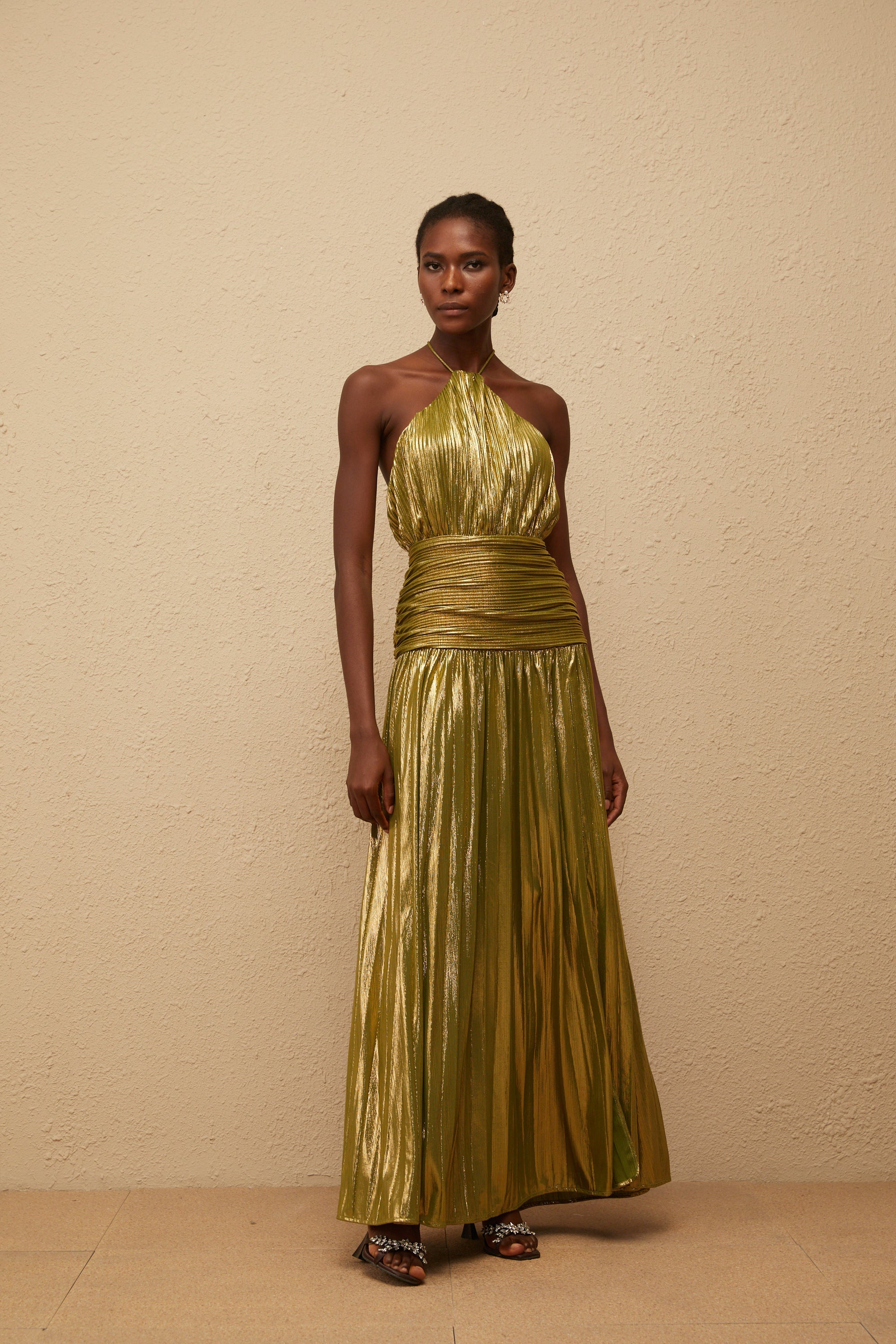 Alchimie Green Glossy Pleated Maxi Dress