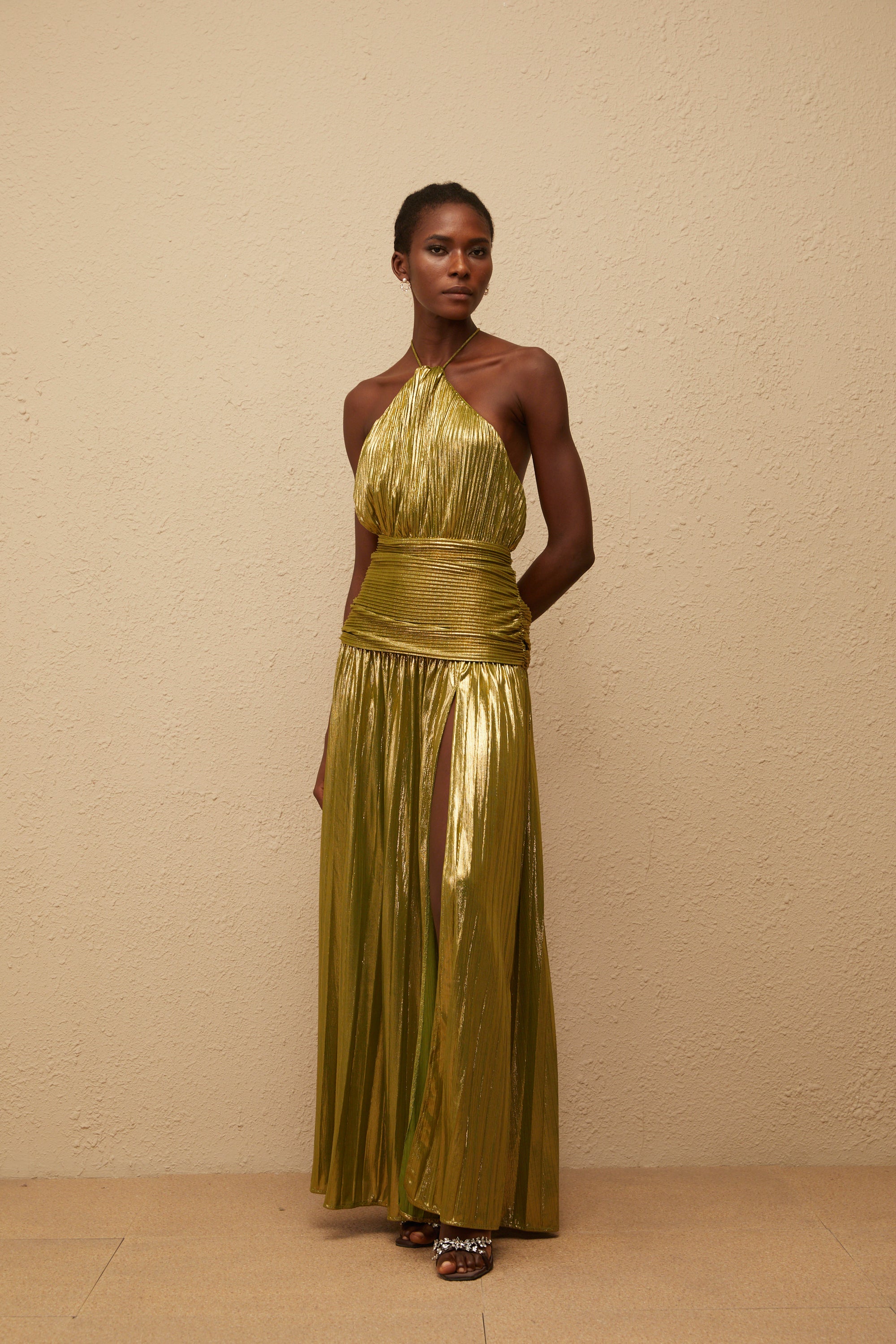 Alchimie Green Glossy Pleated Maxi Dress