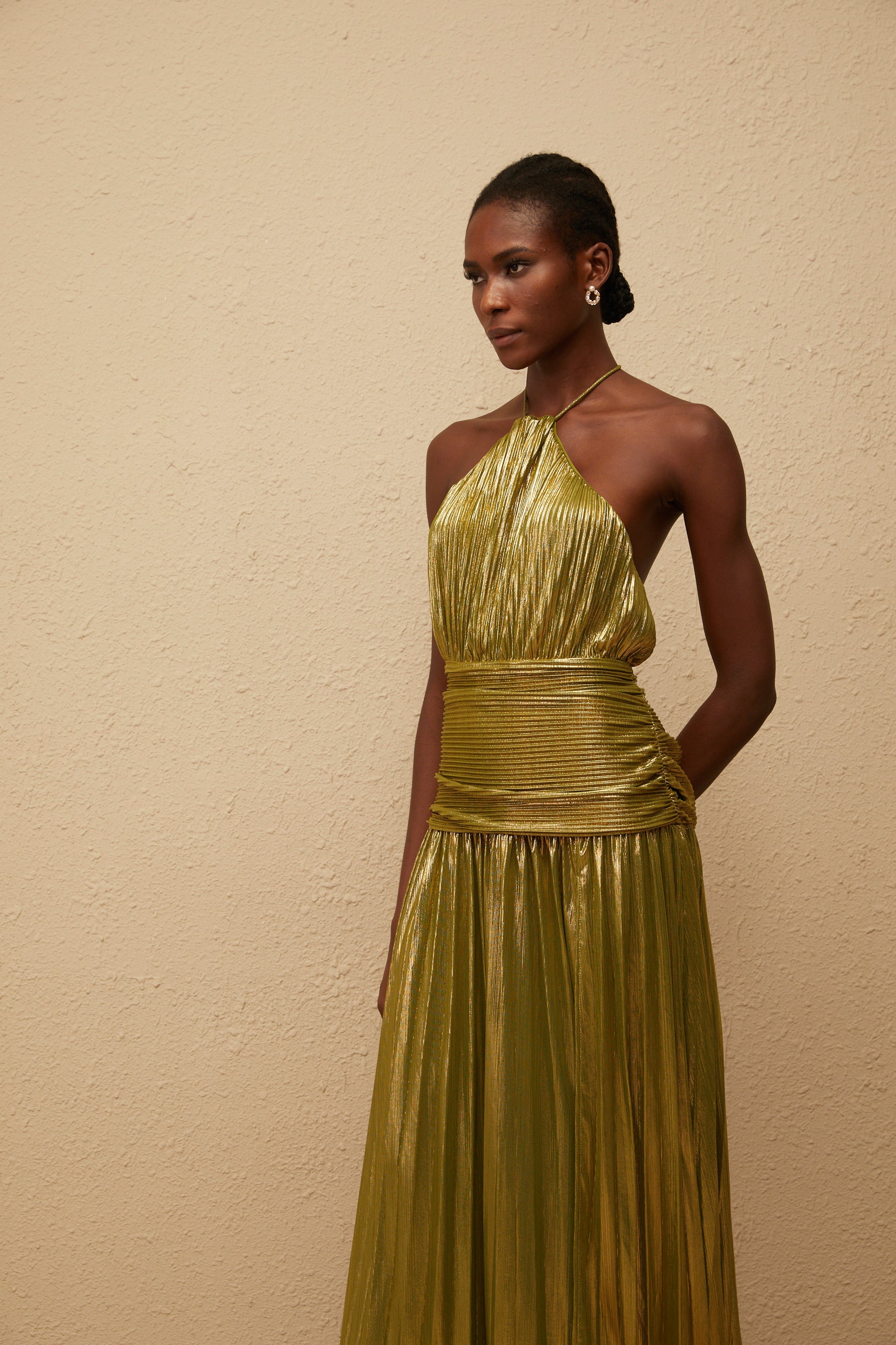 Alchimie Green Glossy Pleated Maxi Dress