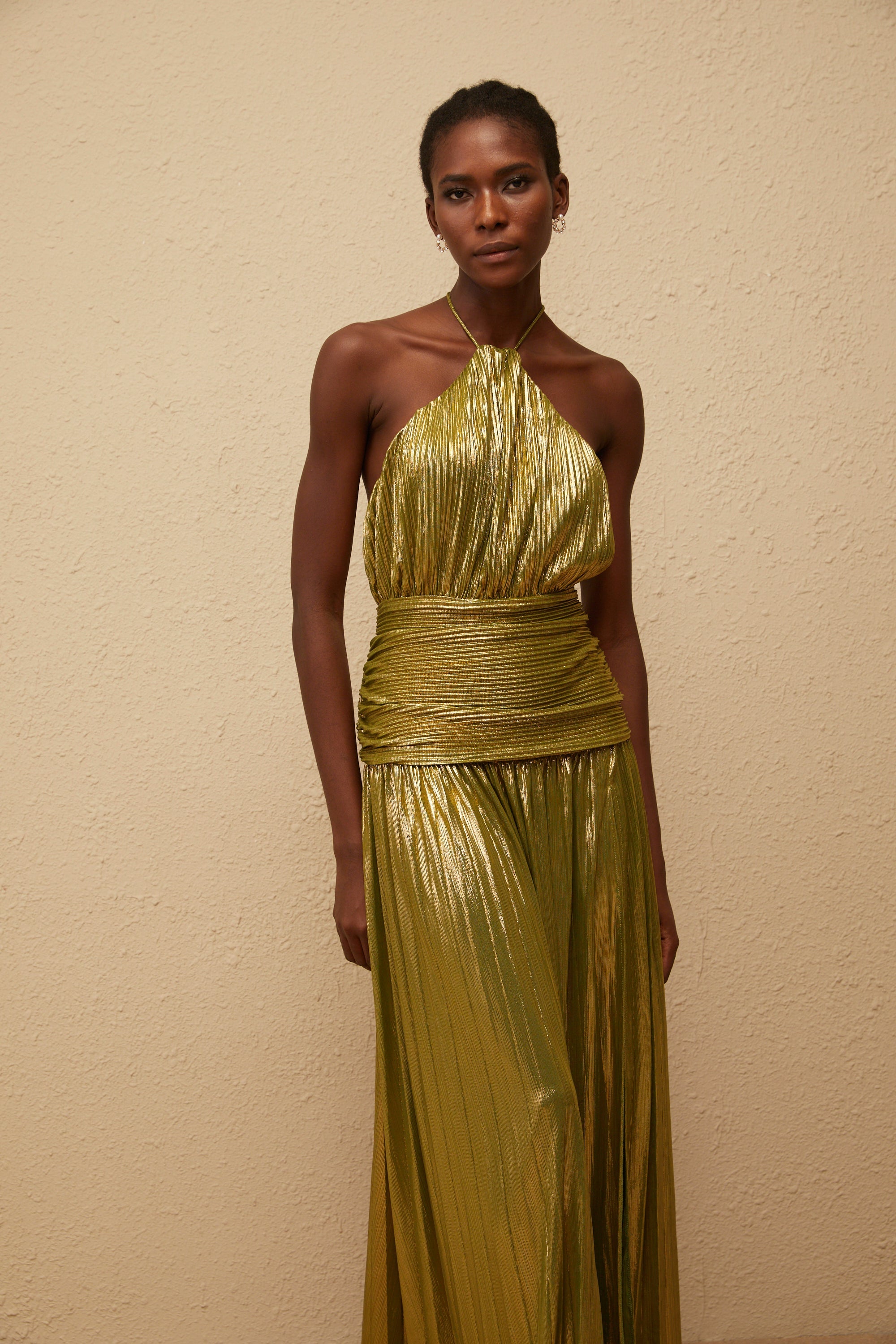 Alchimie Green Glossy Pleated Maxi Dress