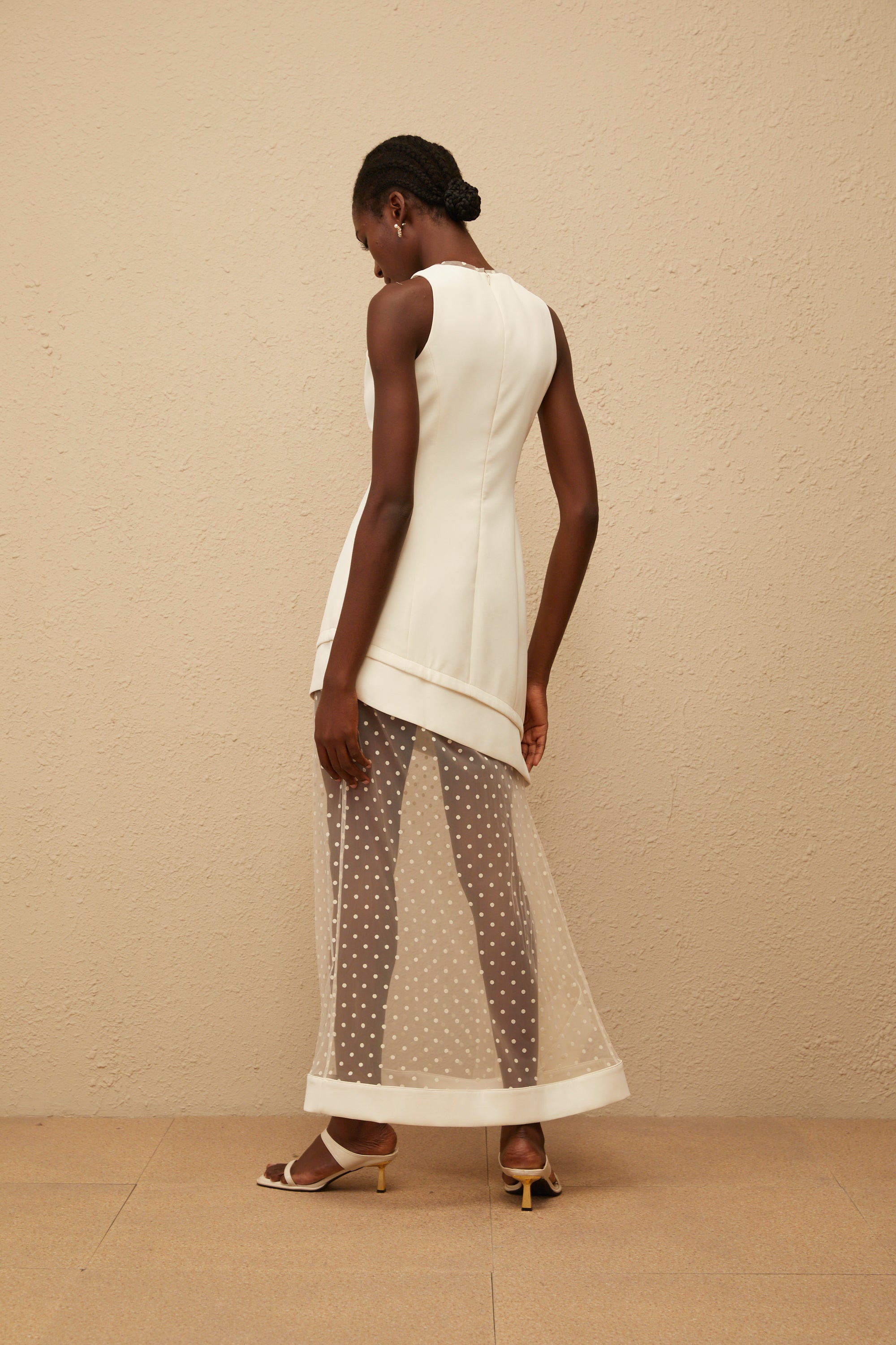 Esteri White Polka Dot Tulle Panel Maxi Dress