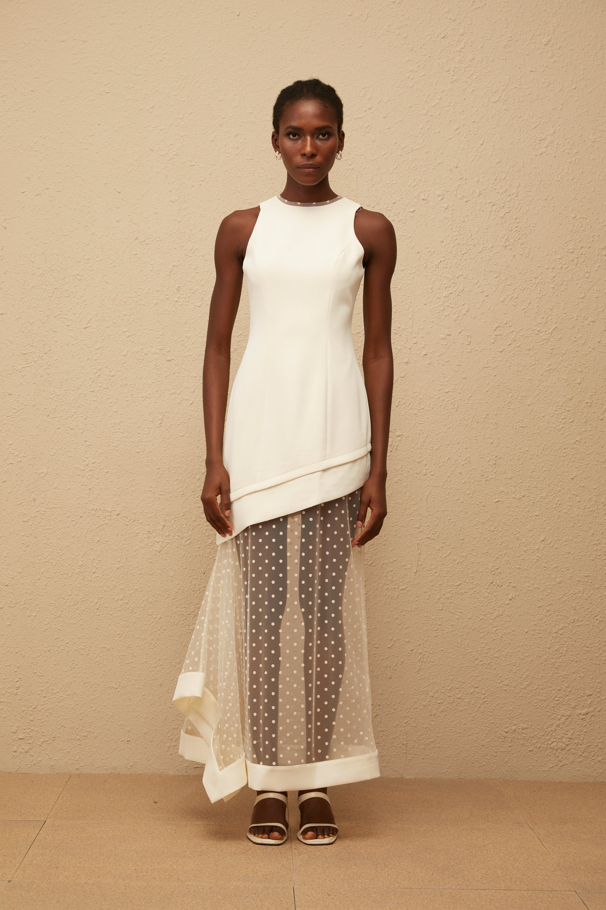 Esteri White Polka Dot Tulle Panel Maxi Dress