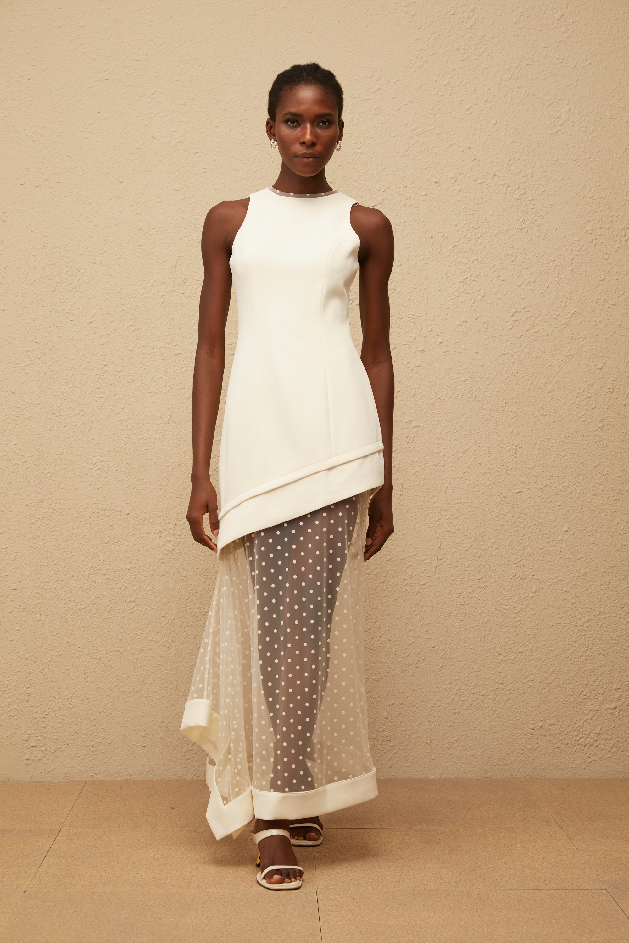 Esteri White Polka Dot Tulle Panel Maxi Dress