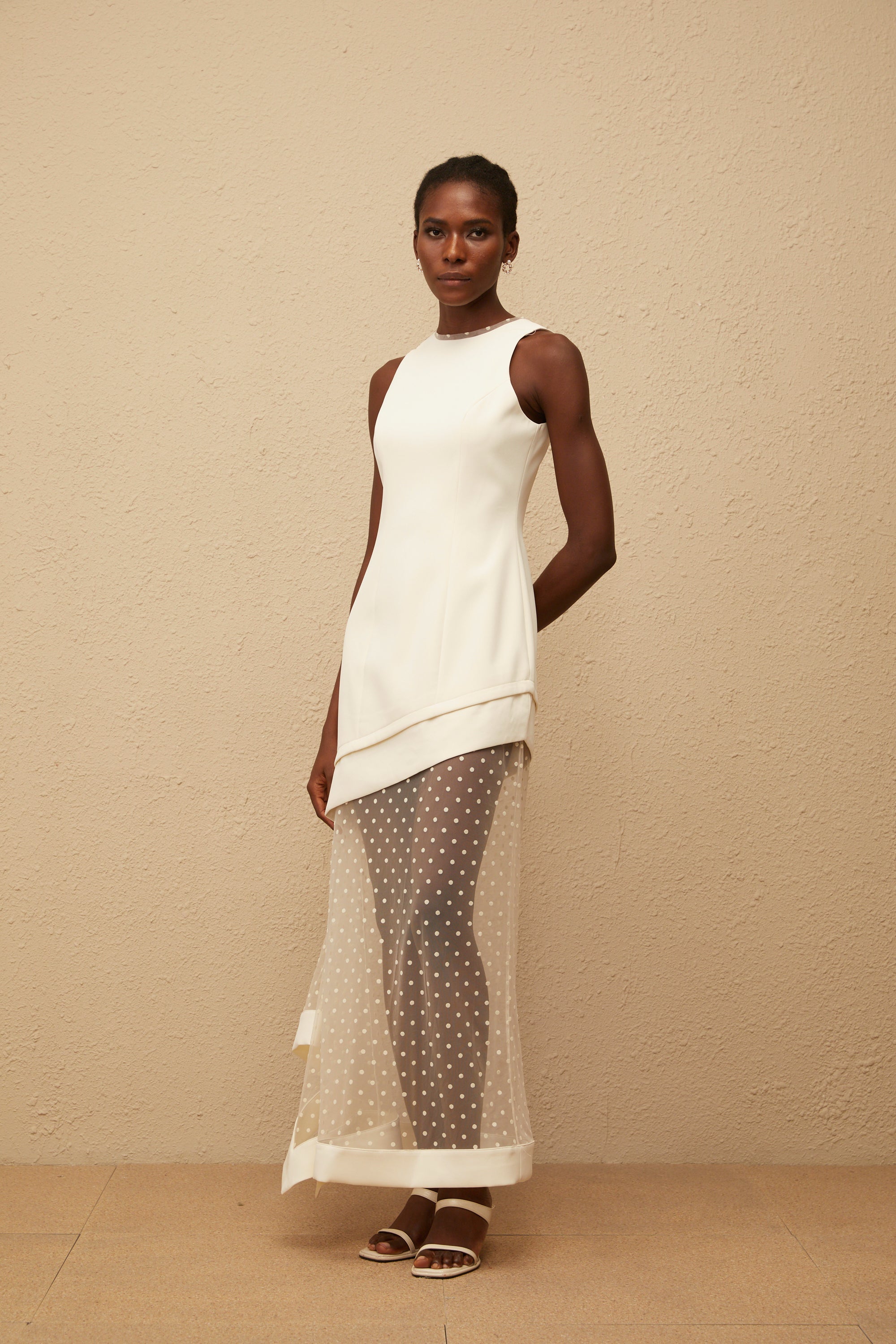 Esteri White Polka Dot Tulle Panel Maxi Dress
