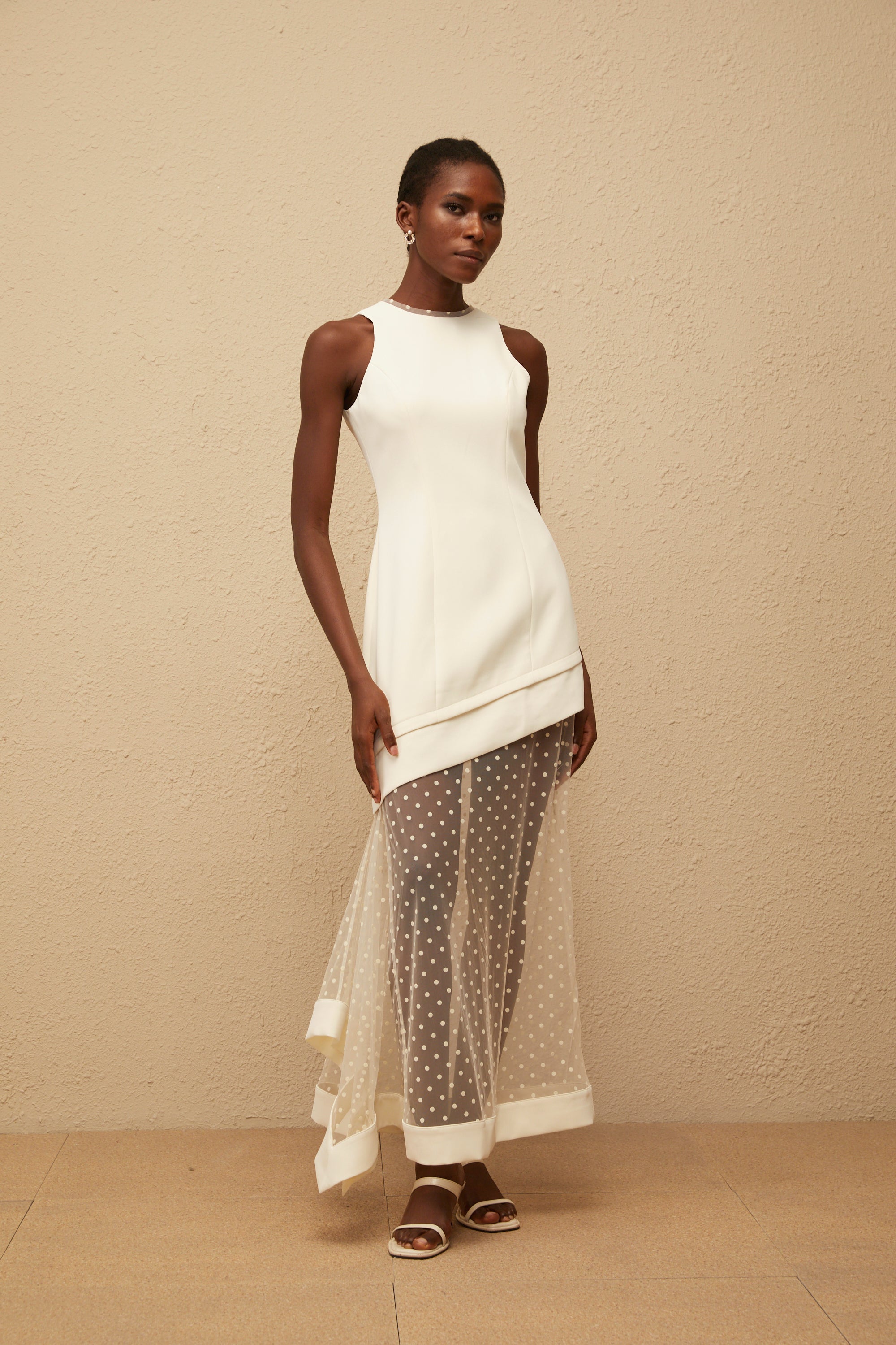 Esteri White Polka Dot Tulle Panel Maxi Dress