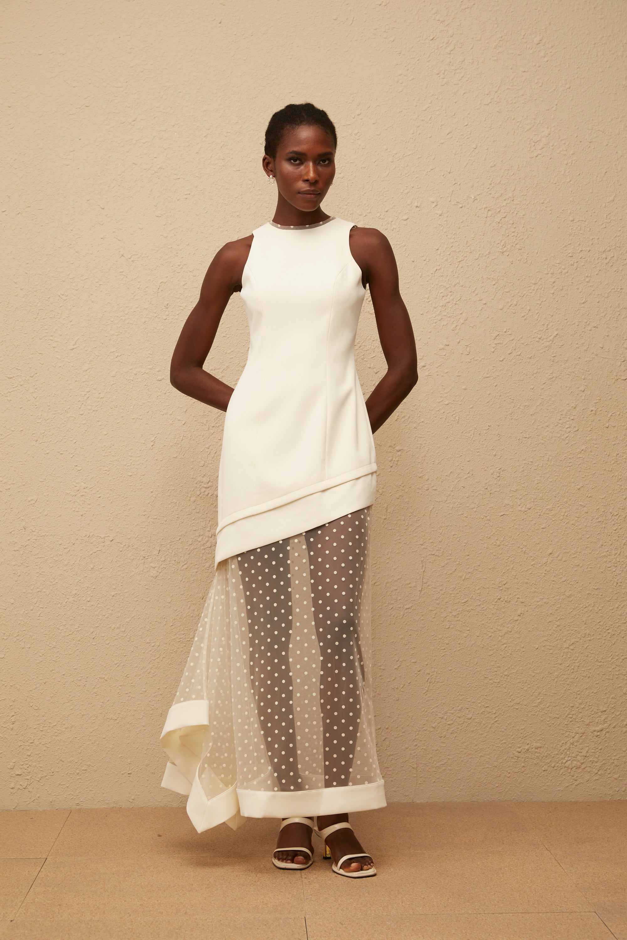 Esteri White Polka Dot Tulle Panel Maxi Dress