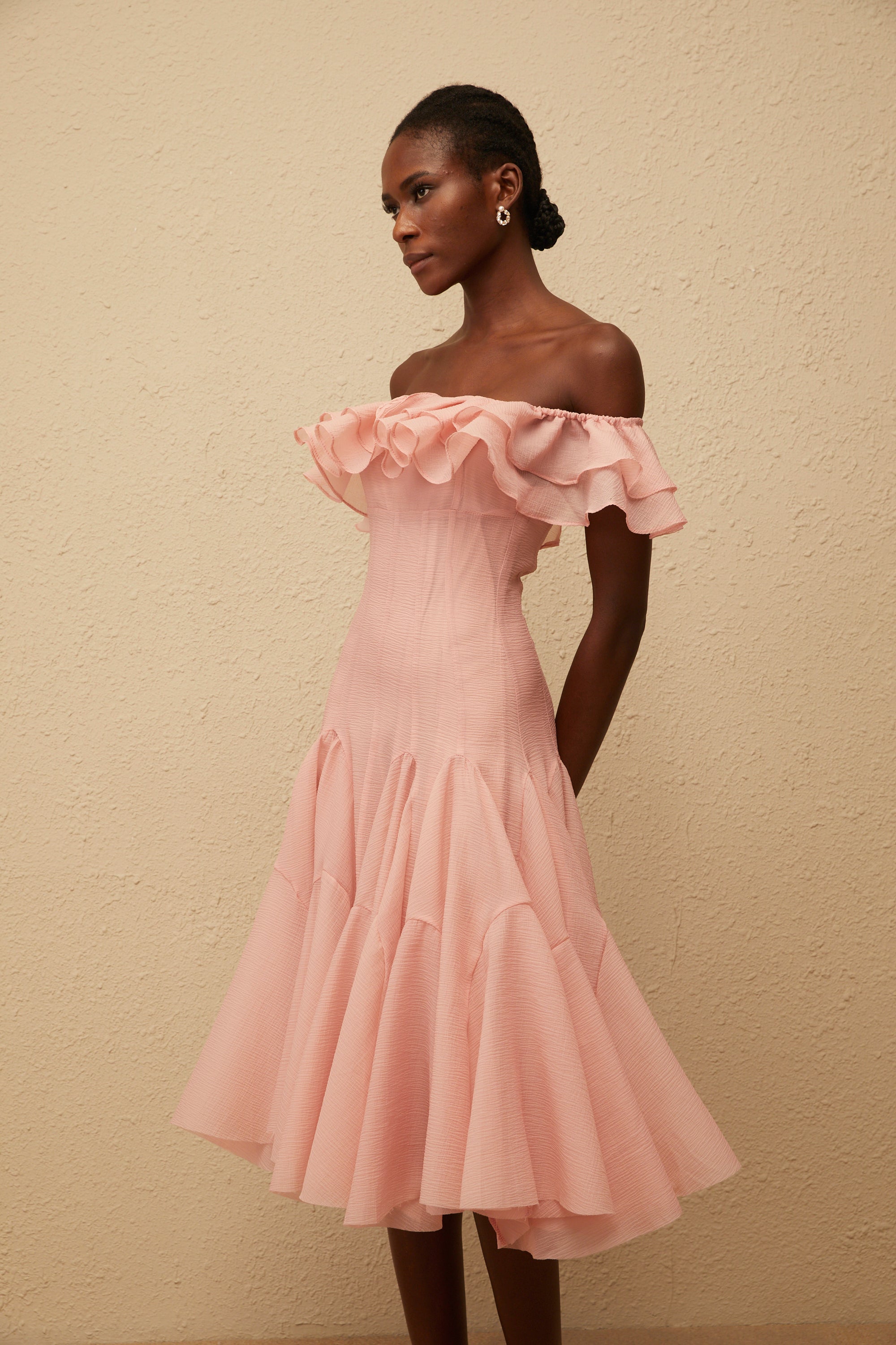 Margarita Pink Godet Ruffled Midi Dress