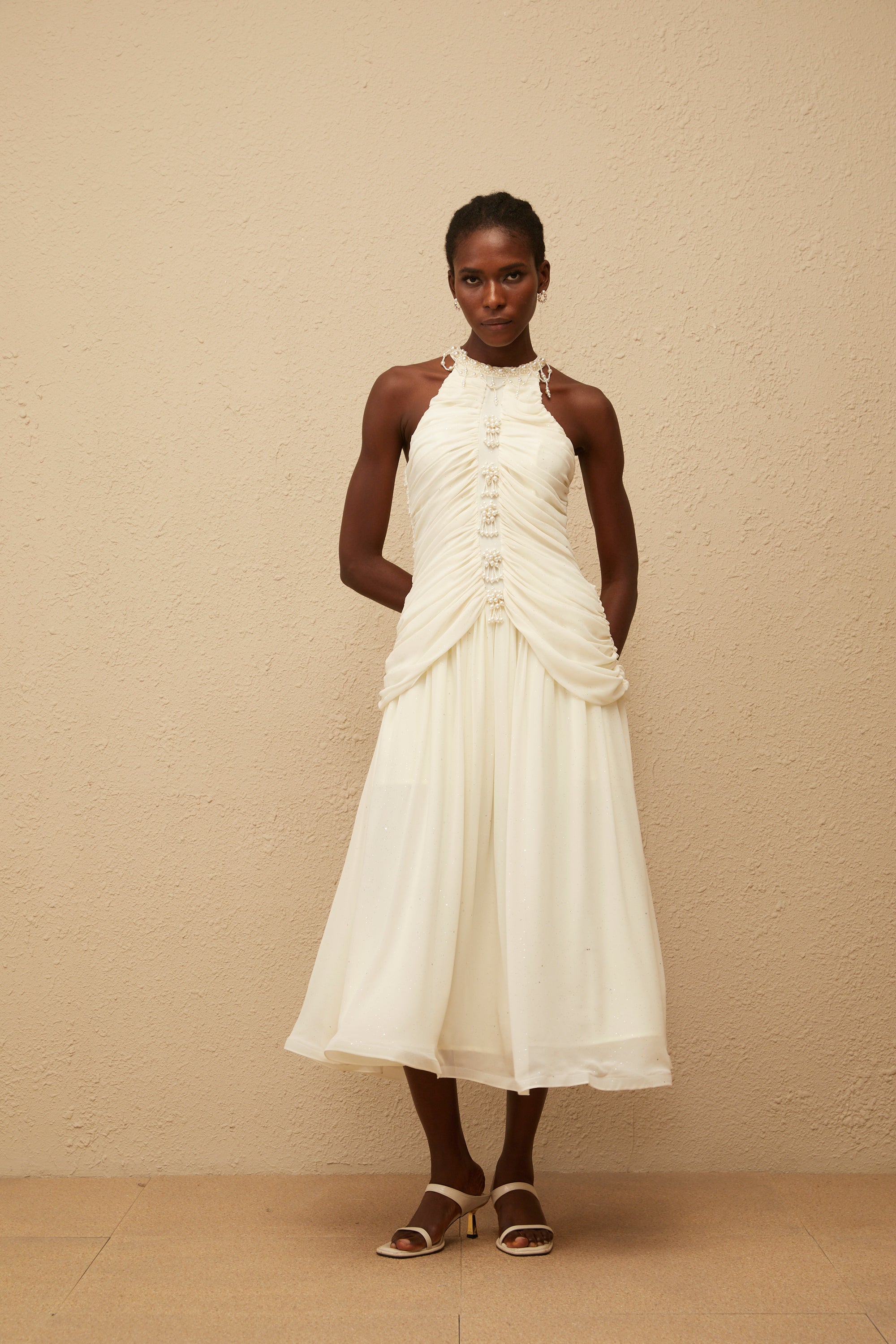 Martha White Faux Pearl Ruched Midi Dress (Final Sale)