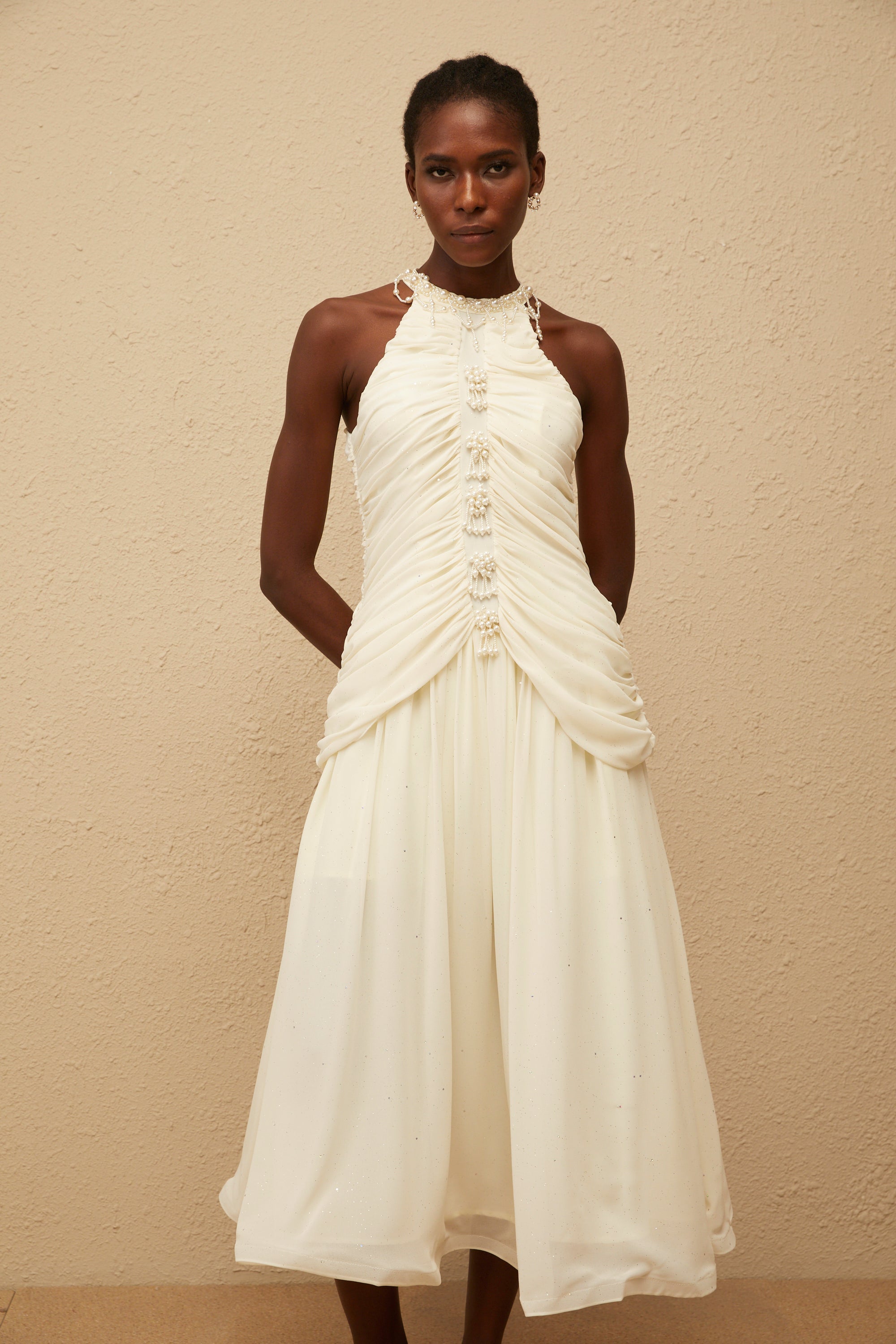 Martha White Faux Pearl Ruched Midi Dress (Final Sale)