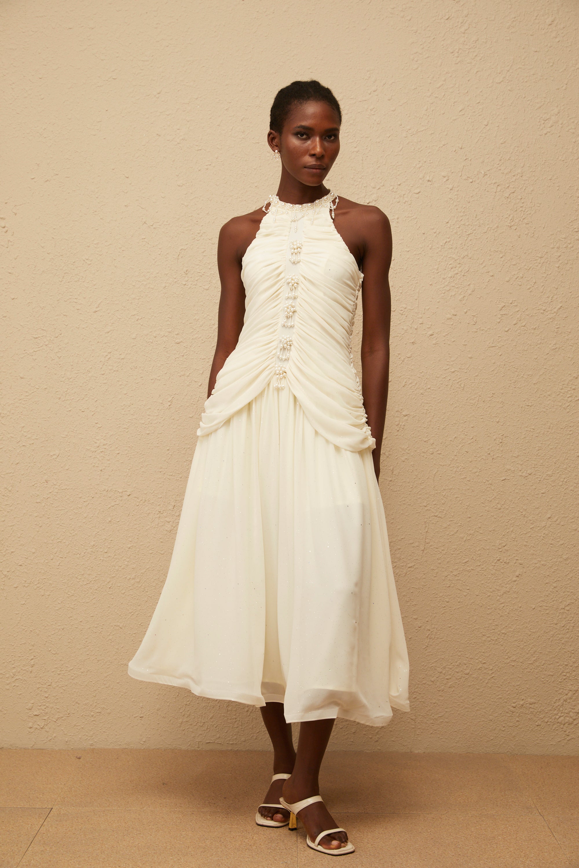 Martha White Faux Pearl Ruched Midi Dress (Final Sale)