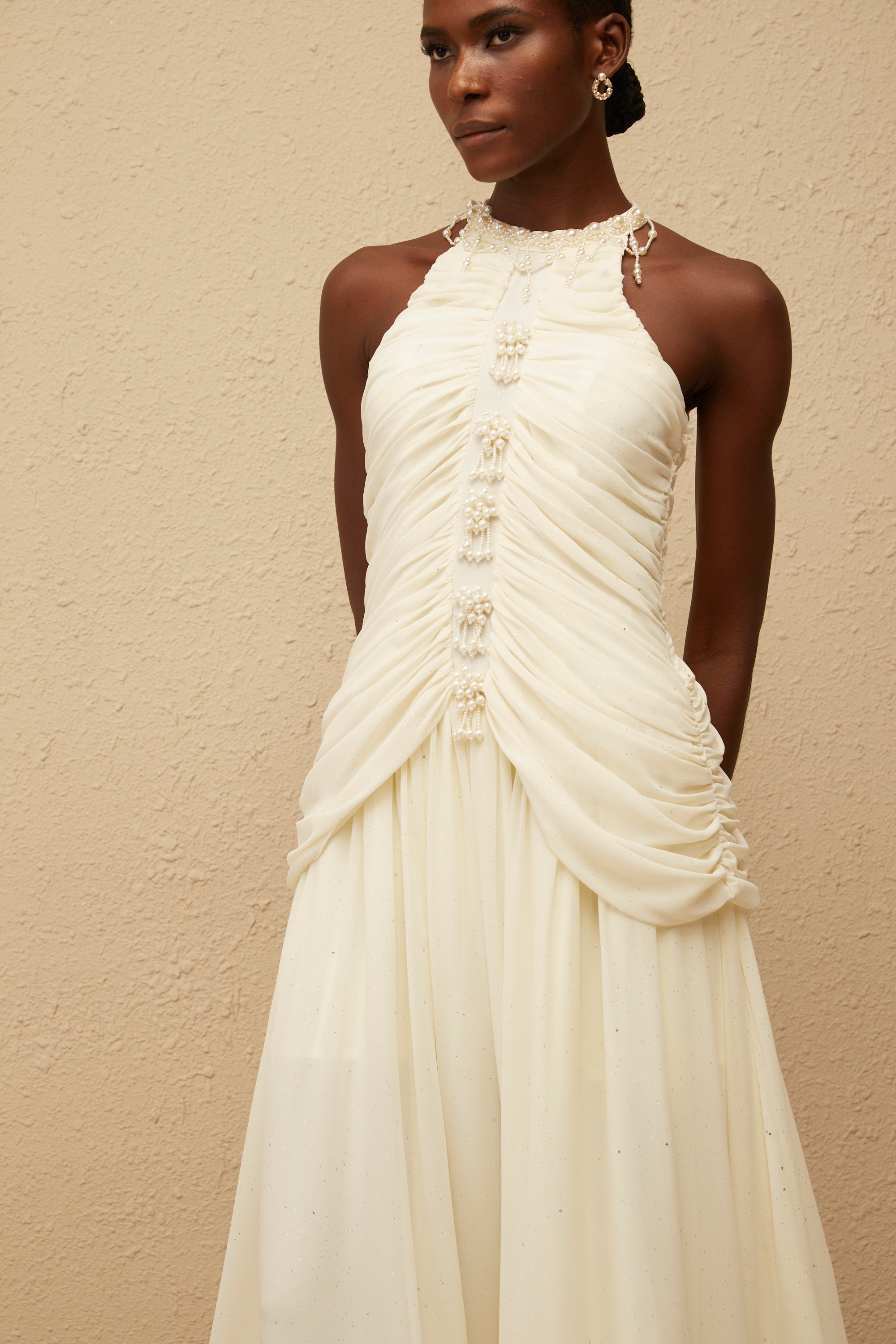Martha White Faux Pearl Ruched Midi Dress (Final Sale)