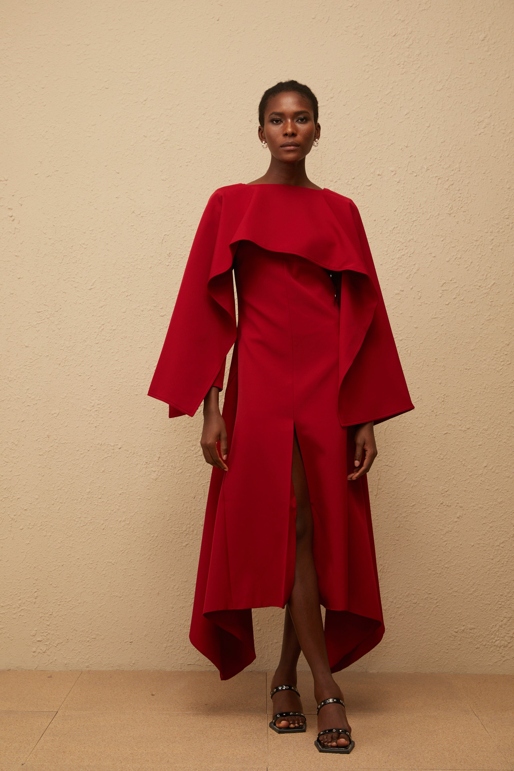 Solène Red Asymmetrical Cape Design Midi Dress