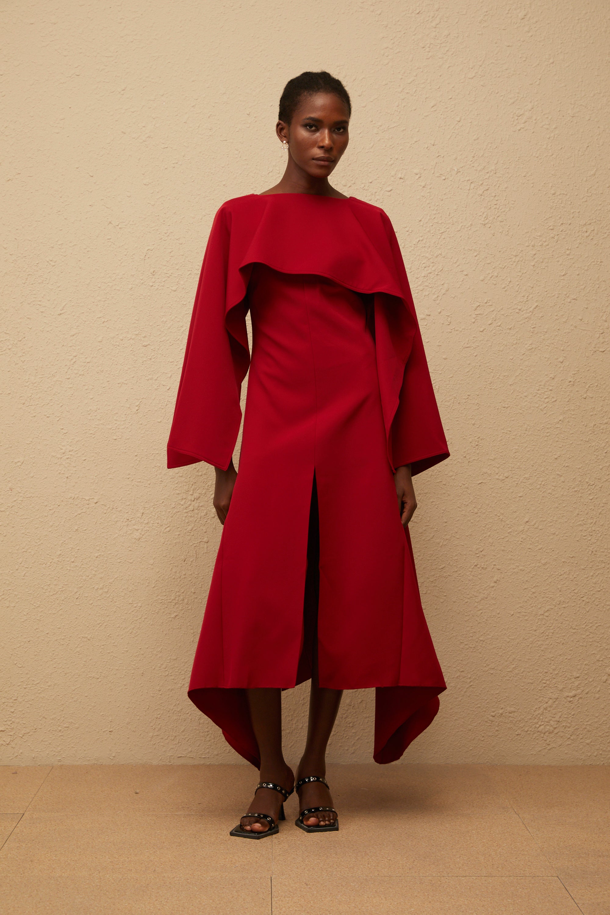 Solène Red Asymmetrical Cape Design Midi Dress