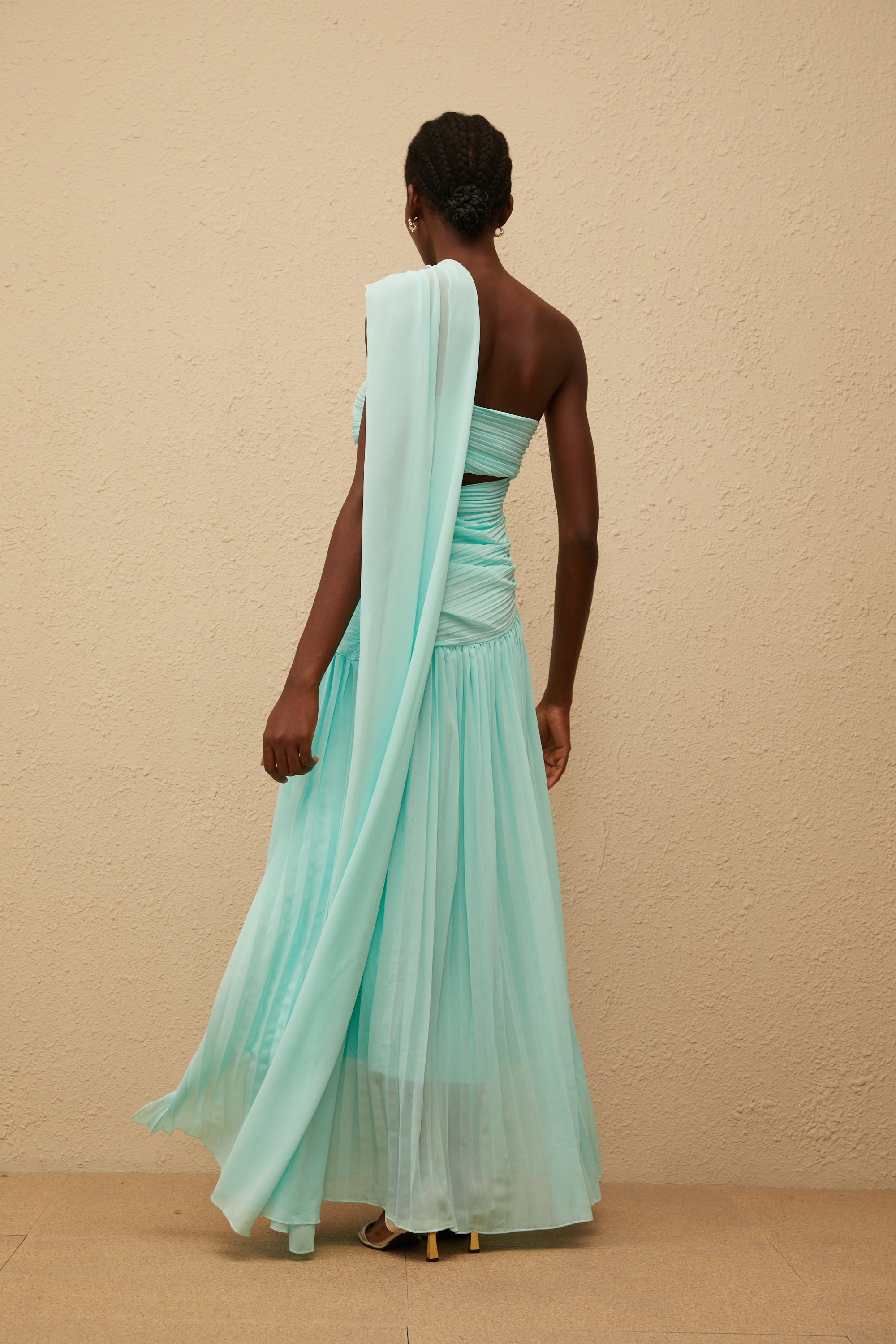 Katerina Mint Green Asymmetrical Pleated Maxi Dress