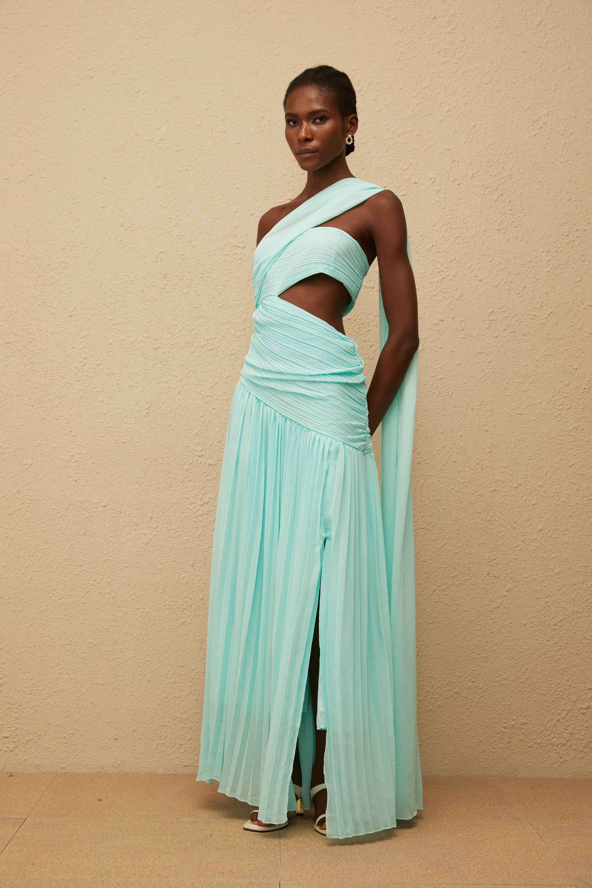 Katerina Mint Green Asymmetrical Pleated Maxi Dress