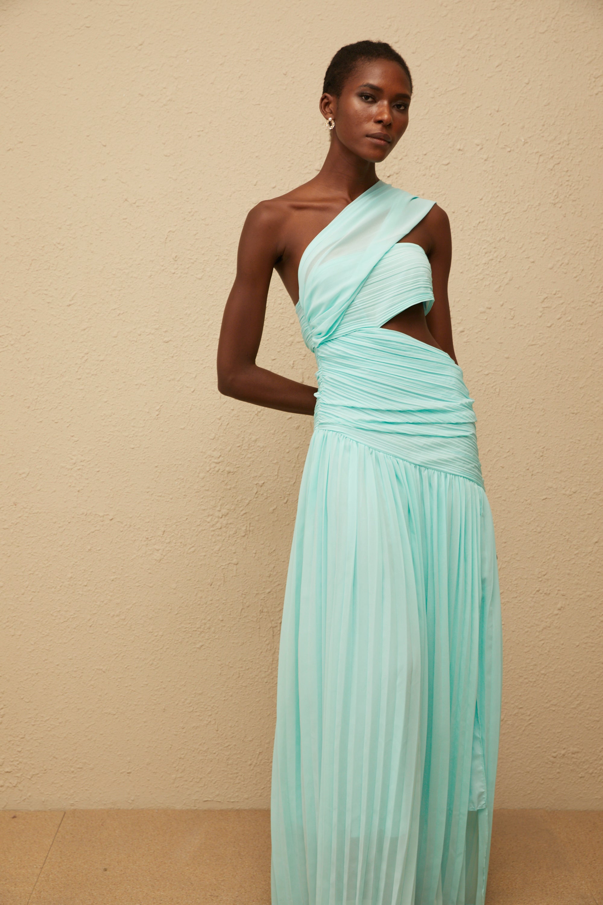 Katerina Mint Green Asymmetrical Pleated Maxi Dress