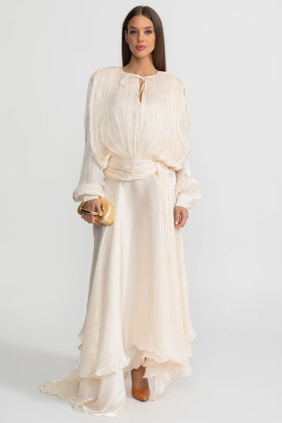 Maxi Dress with Pleated Bodice and Draped Skirt - Ivoire