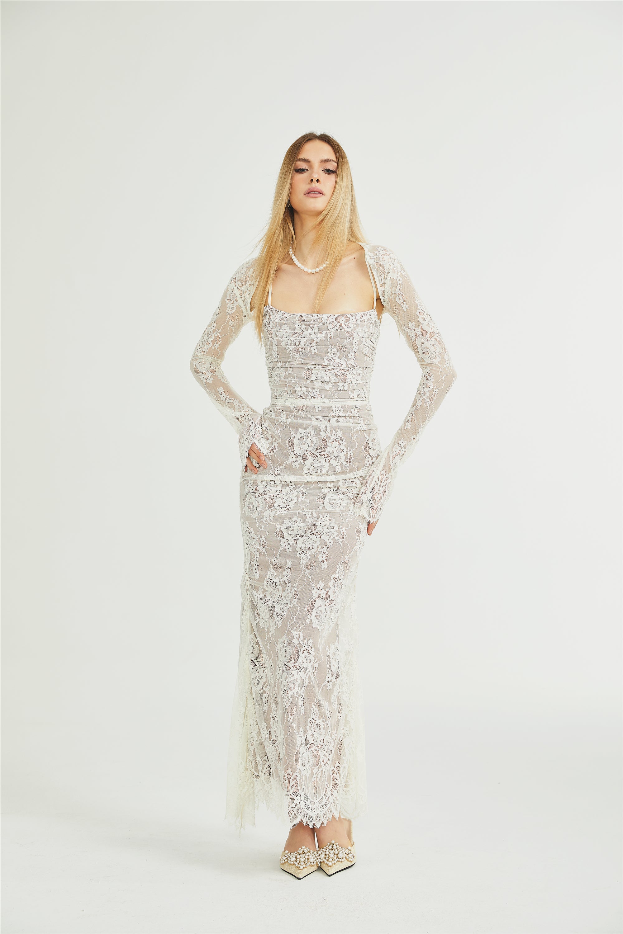 Valérie white floral lace mesh maxi dress (Final Sale-US Only)