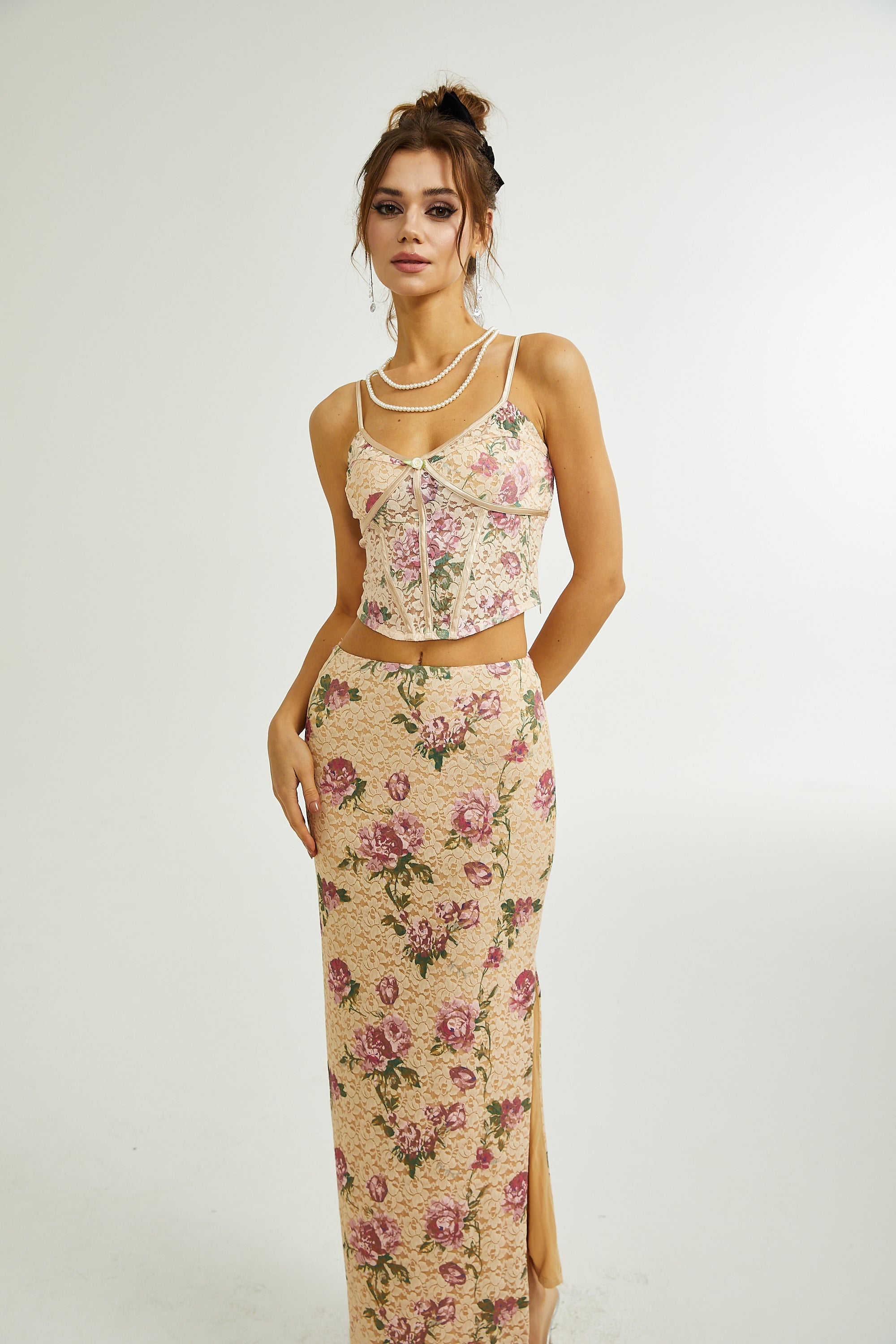 Gaëlle floral-print vest top & skirt matching set (US Only)