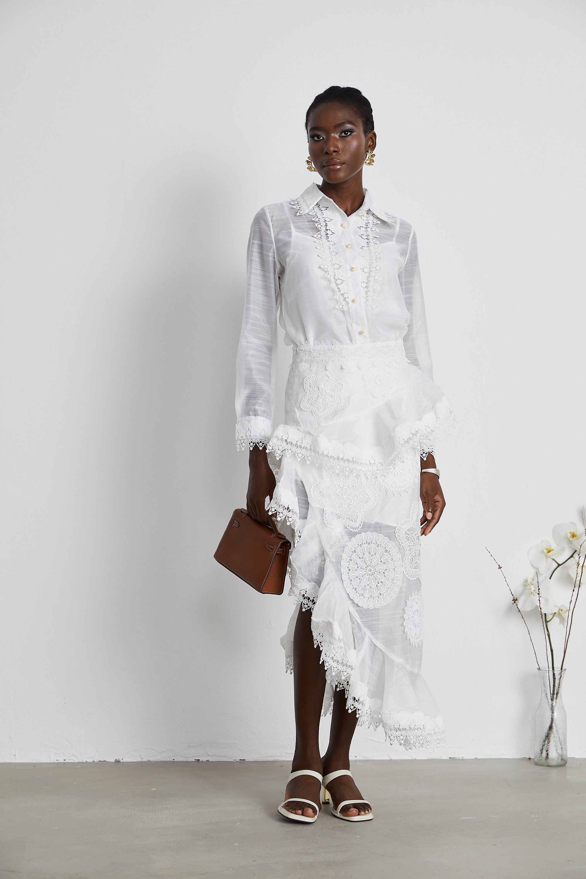 Renée white semi-sheer shirt & skirt matching set (US Only)