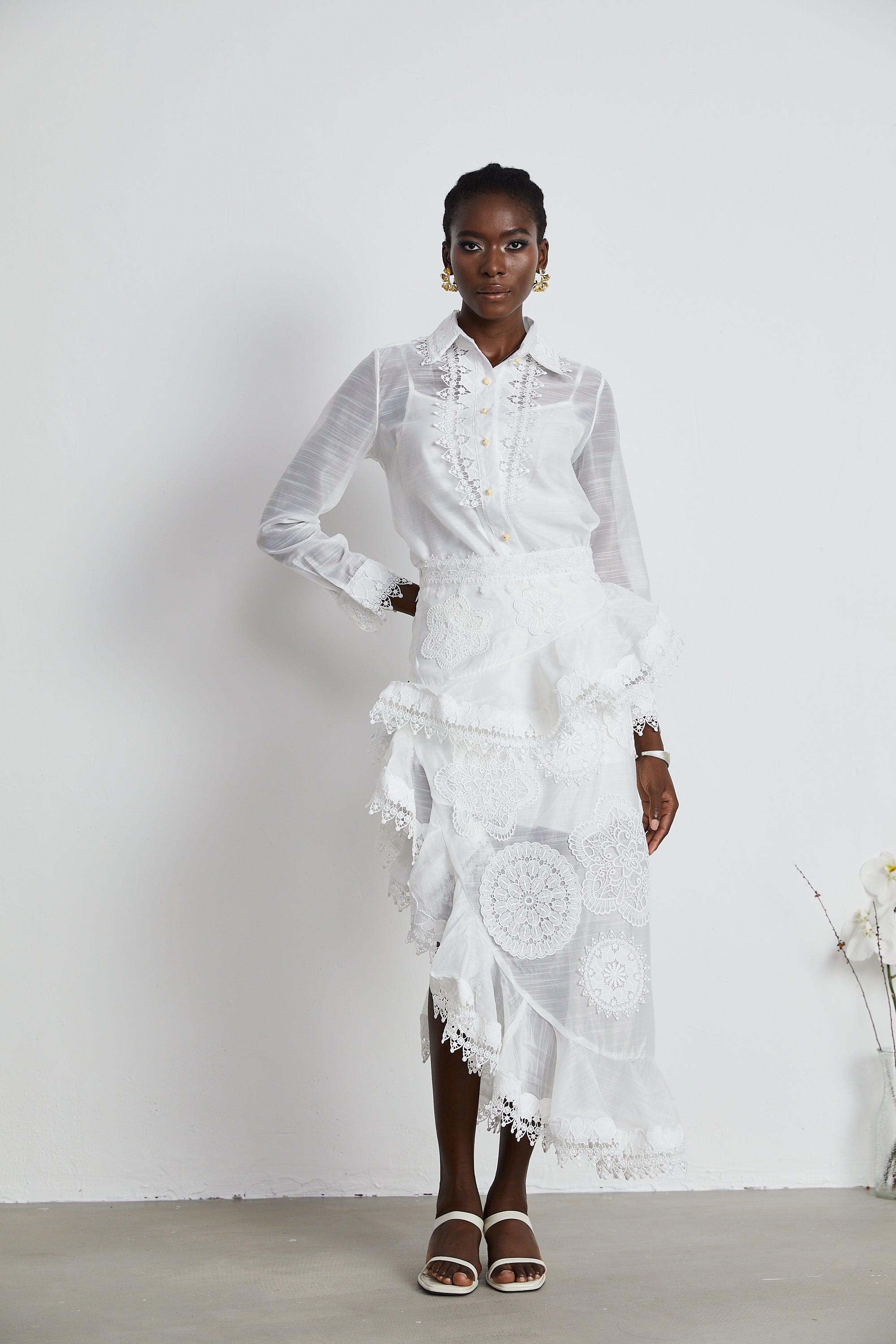 Renée white semi-sheer shirt & skirt matching set (US Only)