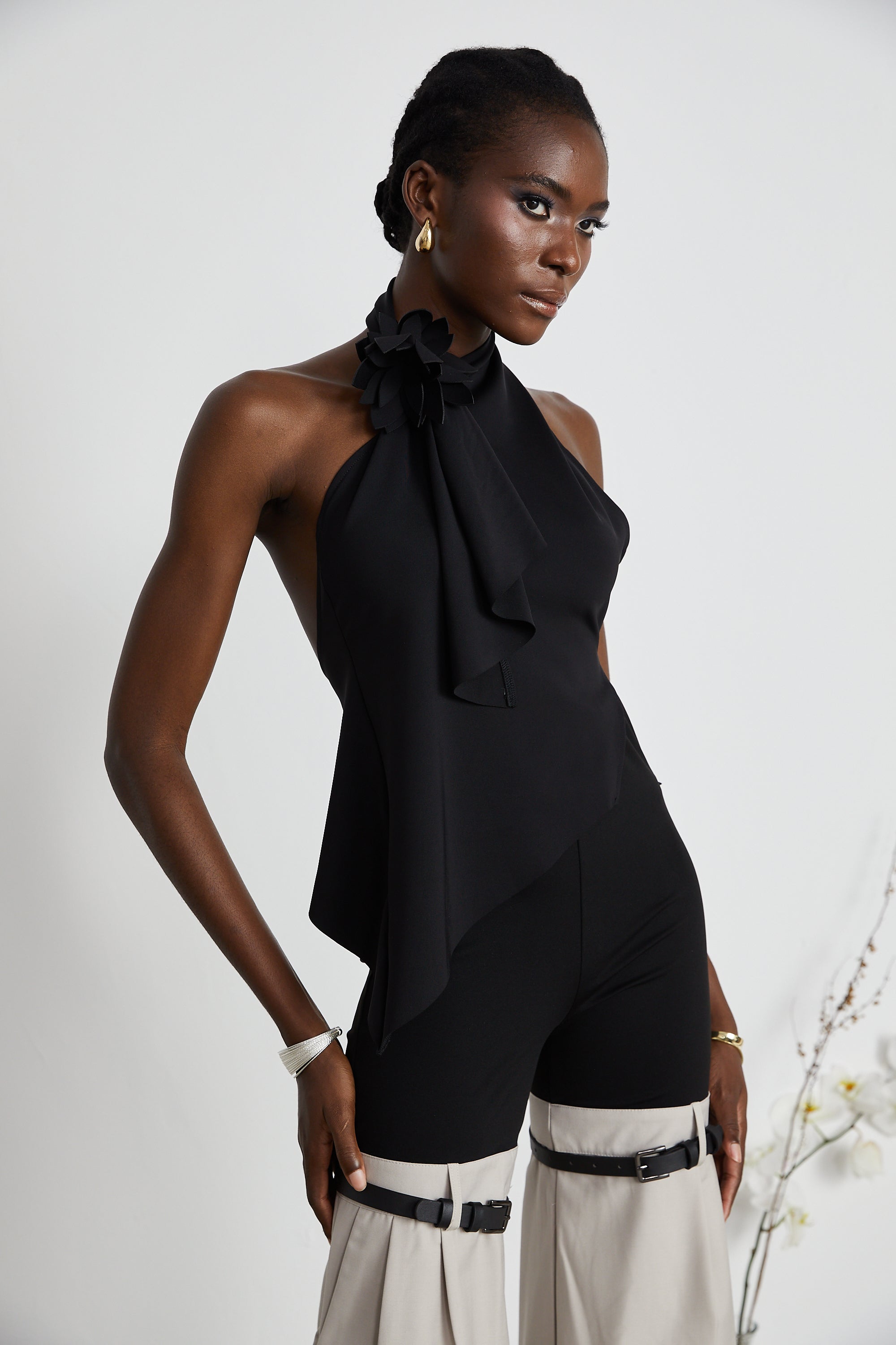 Aline floral-appliqué backless asymmetrical top