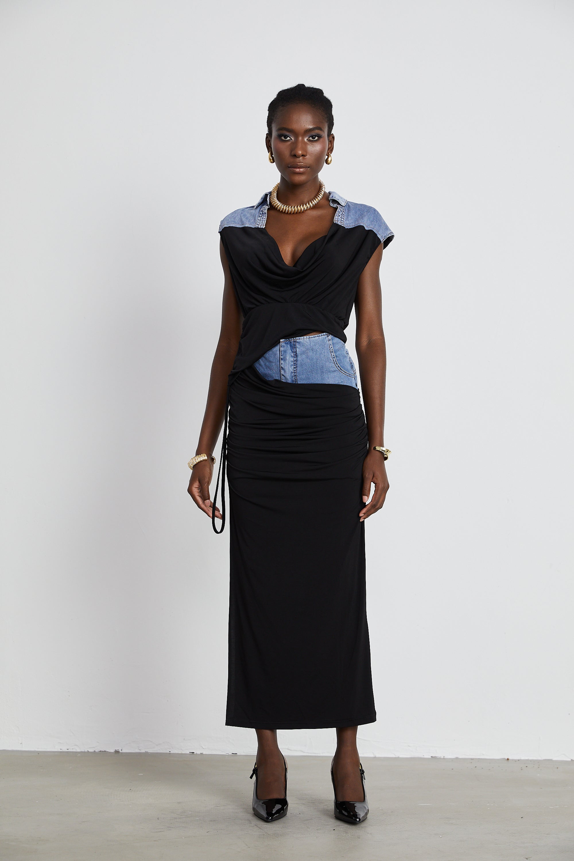 Nala jersey-panelled denim top & skirt matching set (Final Sale)