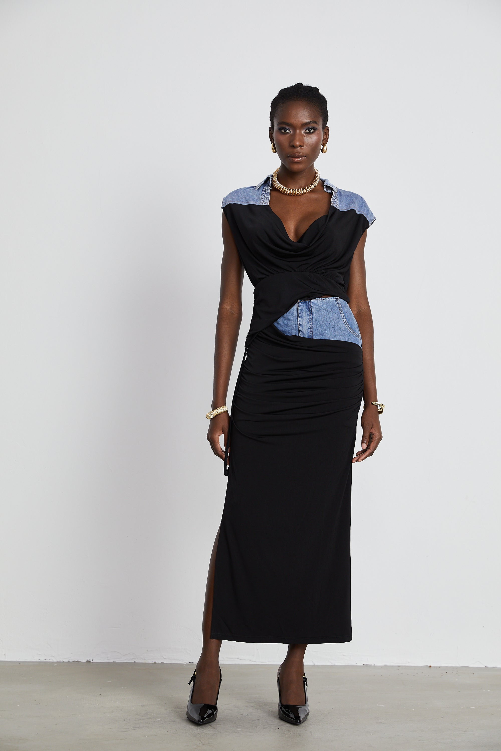 Nala jersey-panelled denim top & skirt matching set (Final Sale)