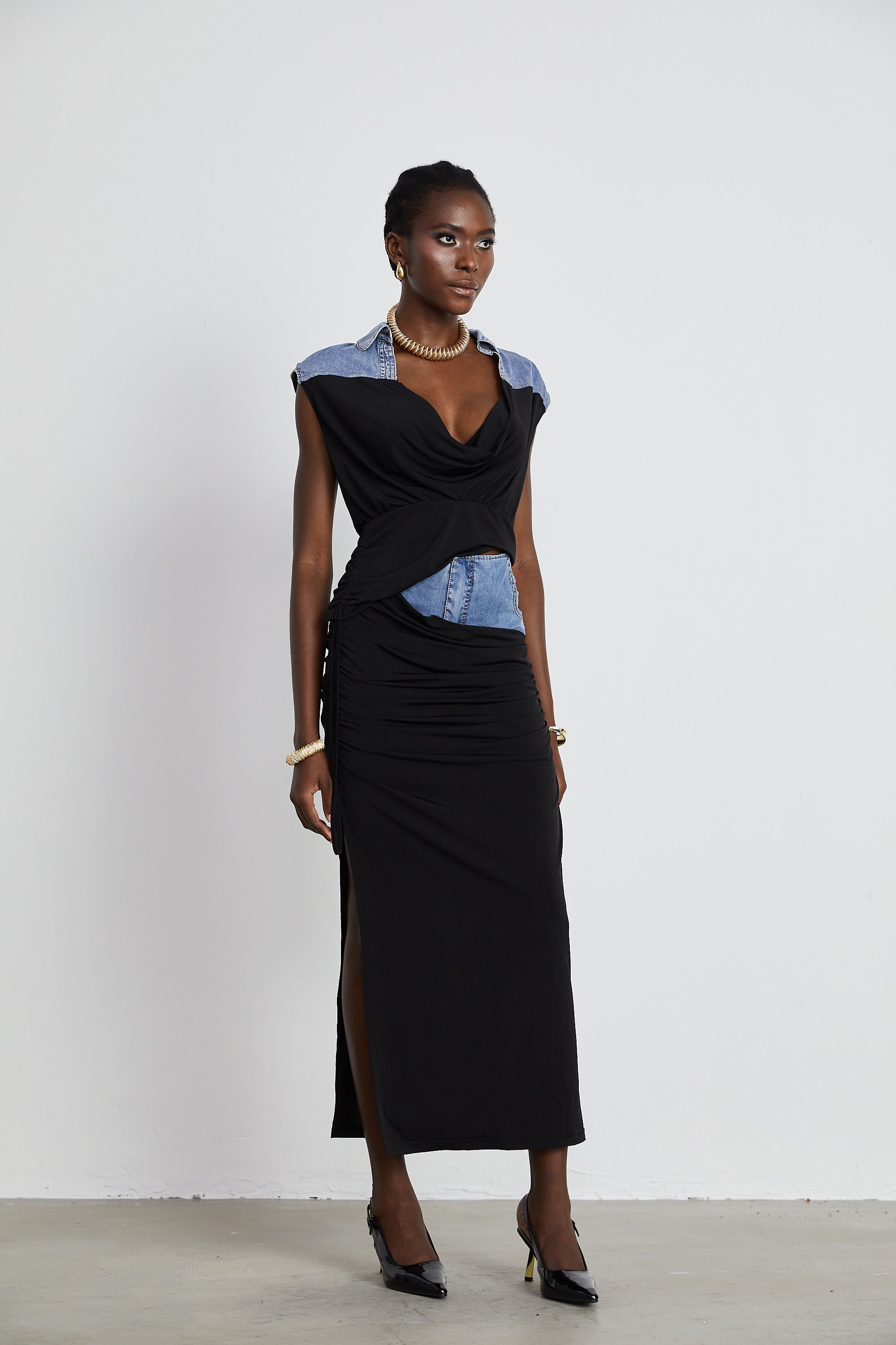 Nala jersey-panelled denim top & skirt matching set (Final Sale)