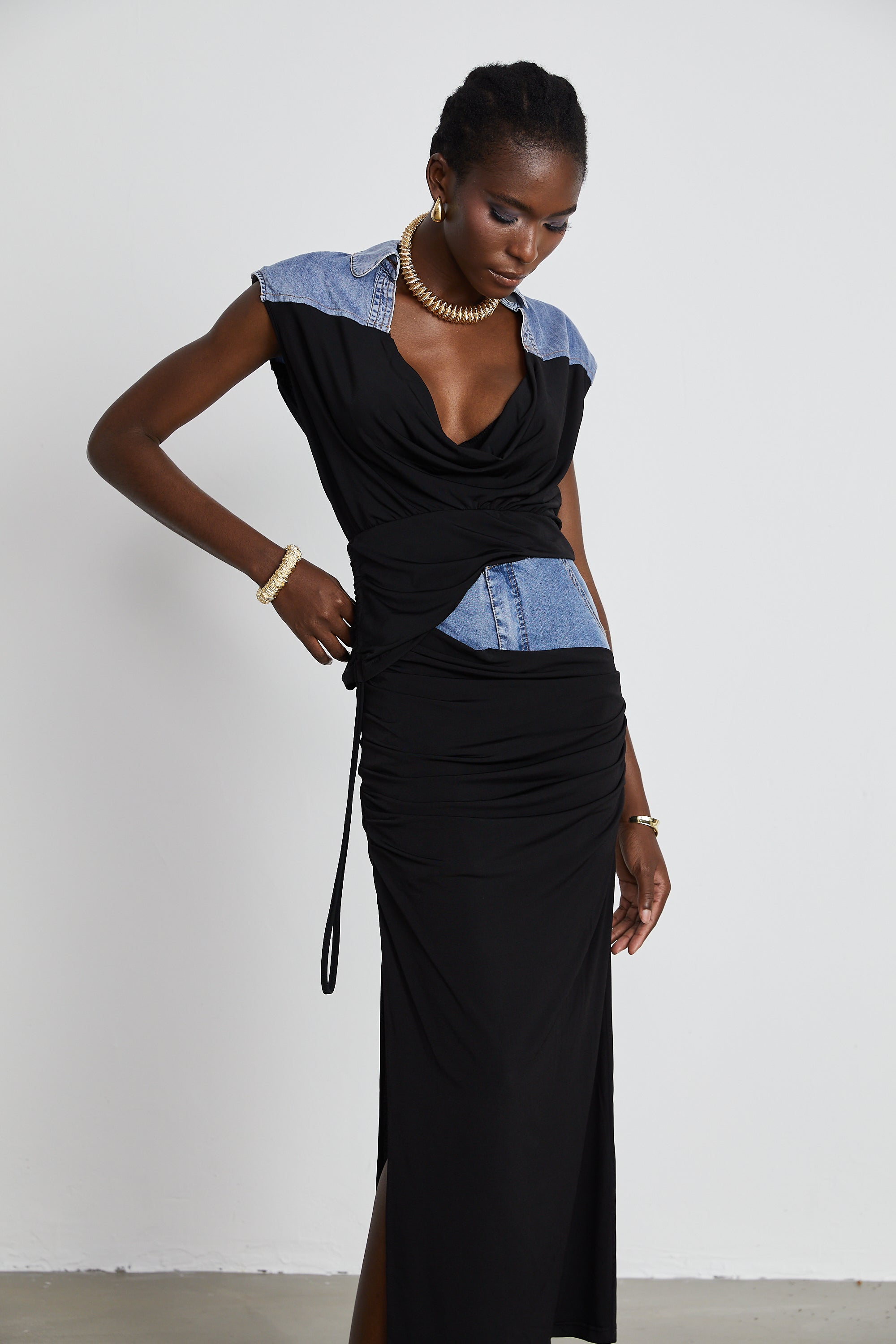 Nala jersey-panelled denim top & skirt matching set (Final Sale)