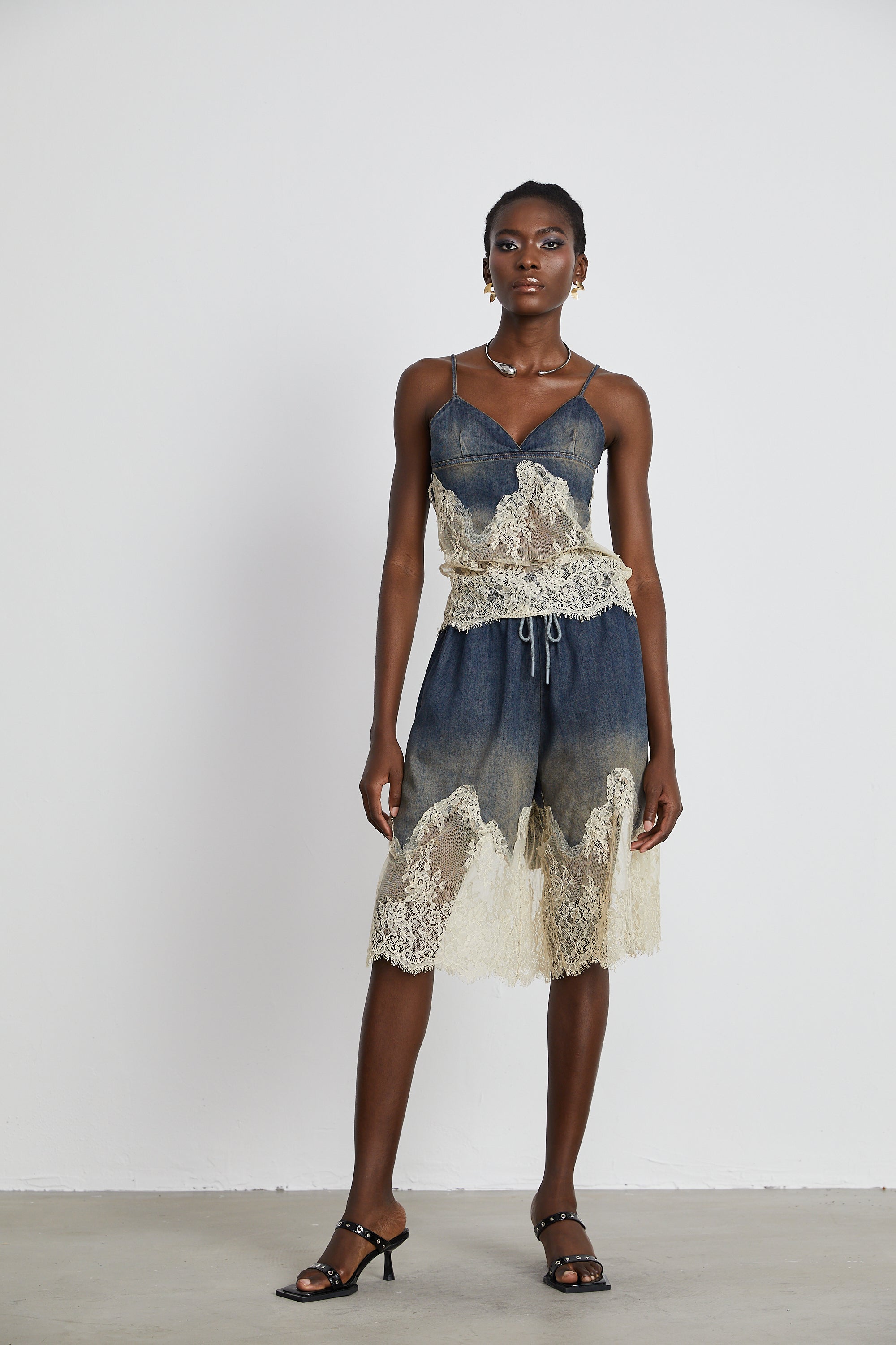 Sylvie lace-detail denim top & shorts matching set (Final Sale-US Only)