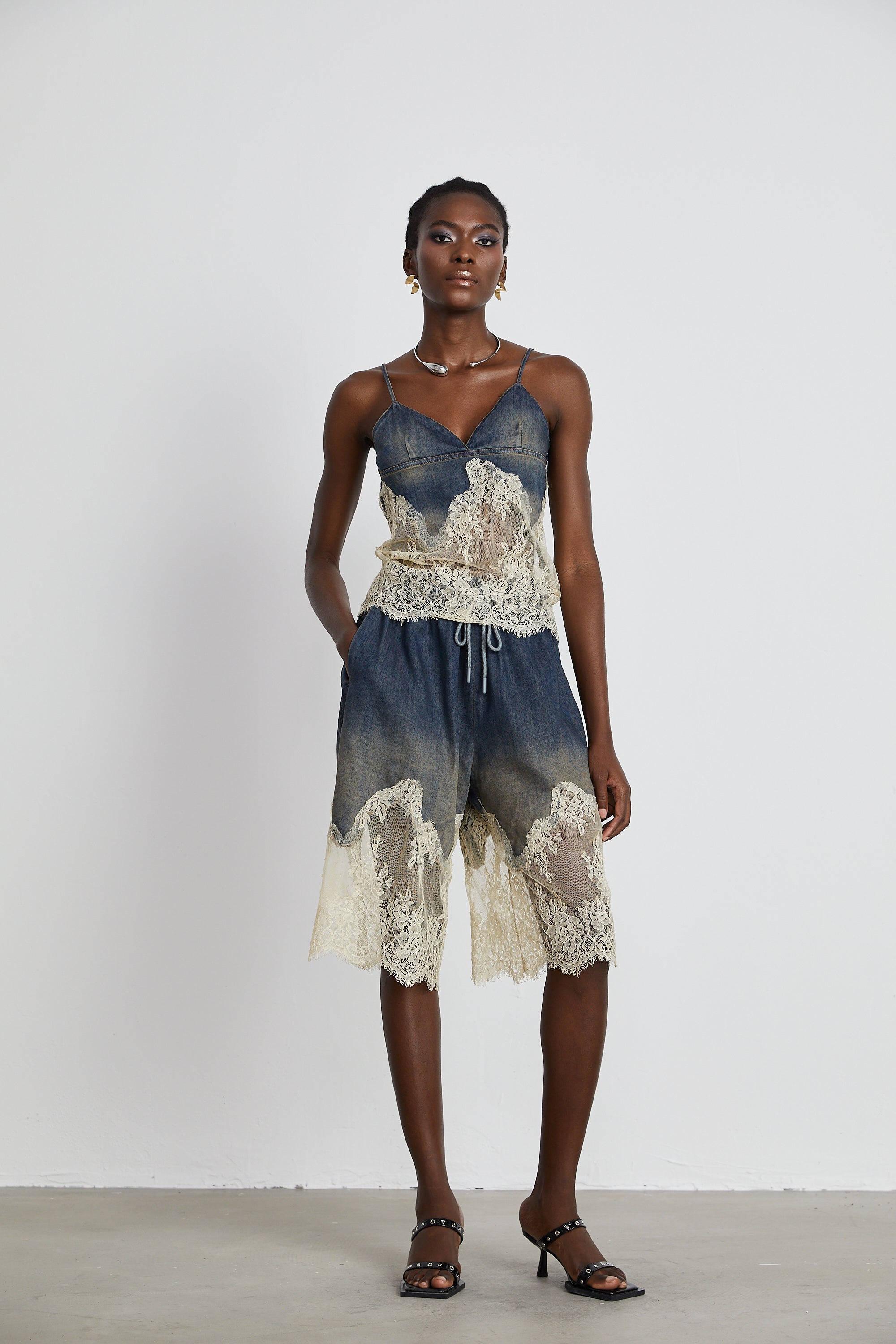 Sylvie lace-detail denim top & shorts matching set (Final Sale-US Only)