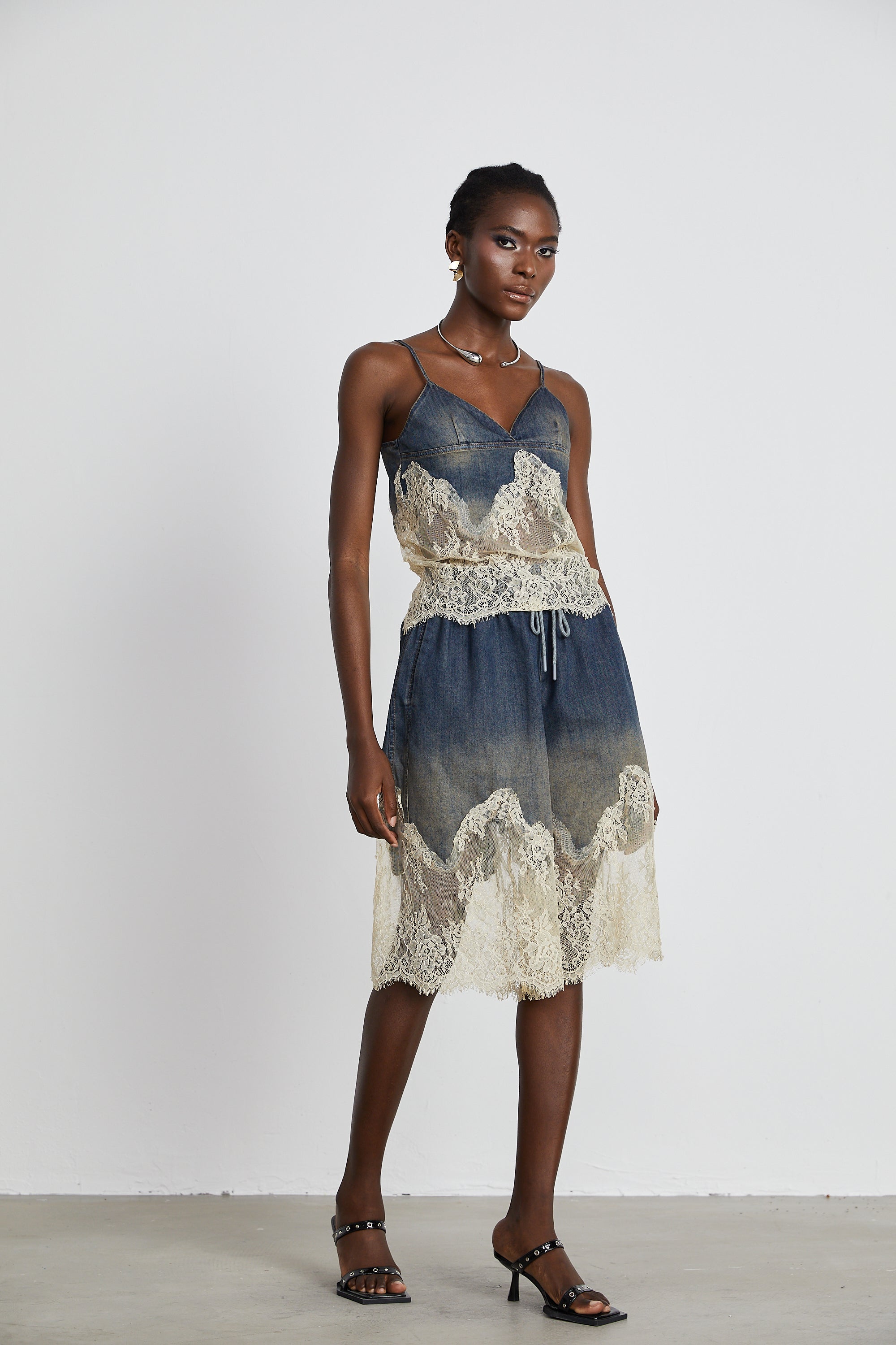 Sylvie lace-detail denim top & shorts matching set (Final Sale-US Only)